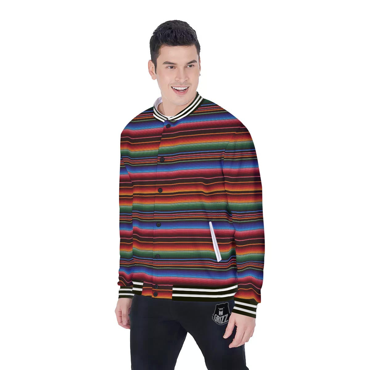 Blanket Stripe Tribal Mexican Print Baseball Jacket-grizzshop