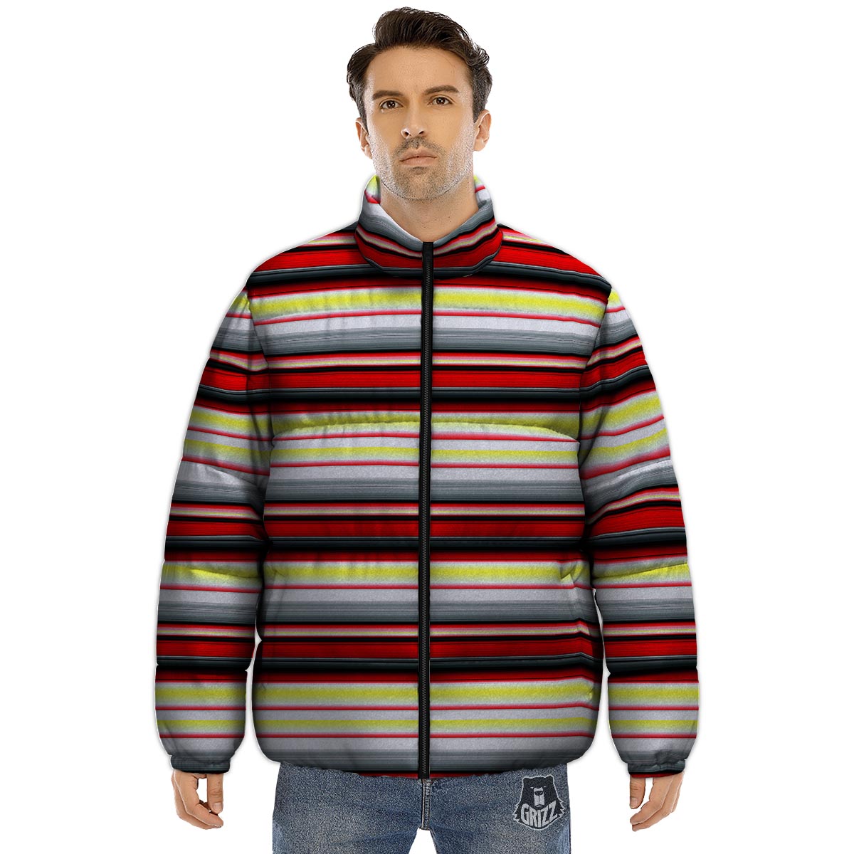 Blanket Stripe Tribal Serape Print Pattern Puffer Jacket-grizzshop