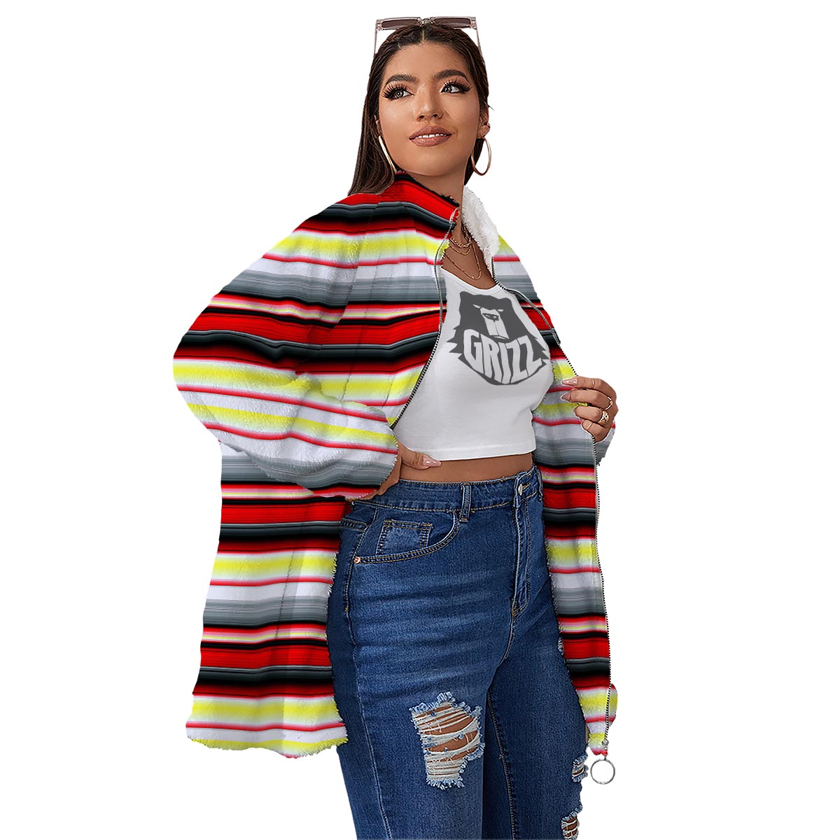 Blanket Stripe Tribal Serape Print Pattern Women's Sherpa Jacket-grizzshop