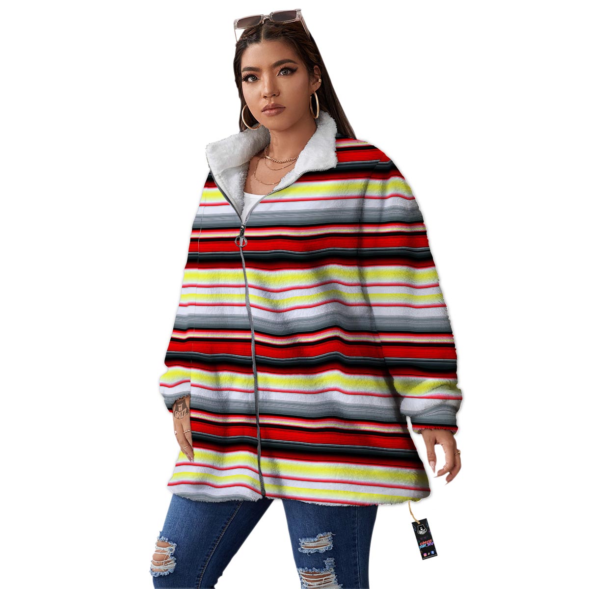 Blanket Stripe Tribal Serape Print Pattern Women's Sherpa Jacket-grizzshop