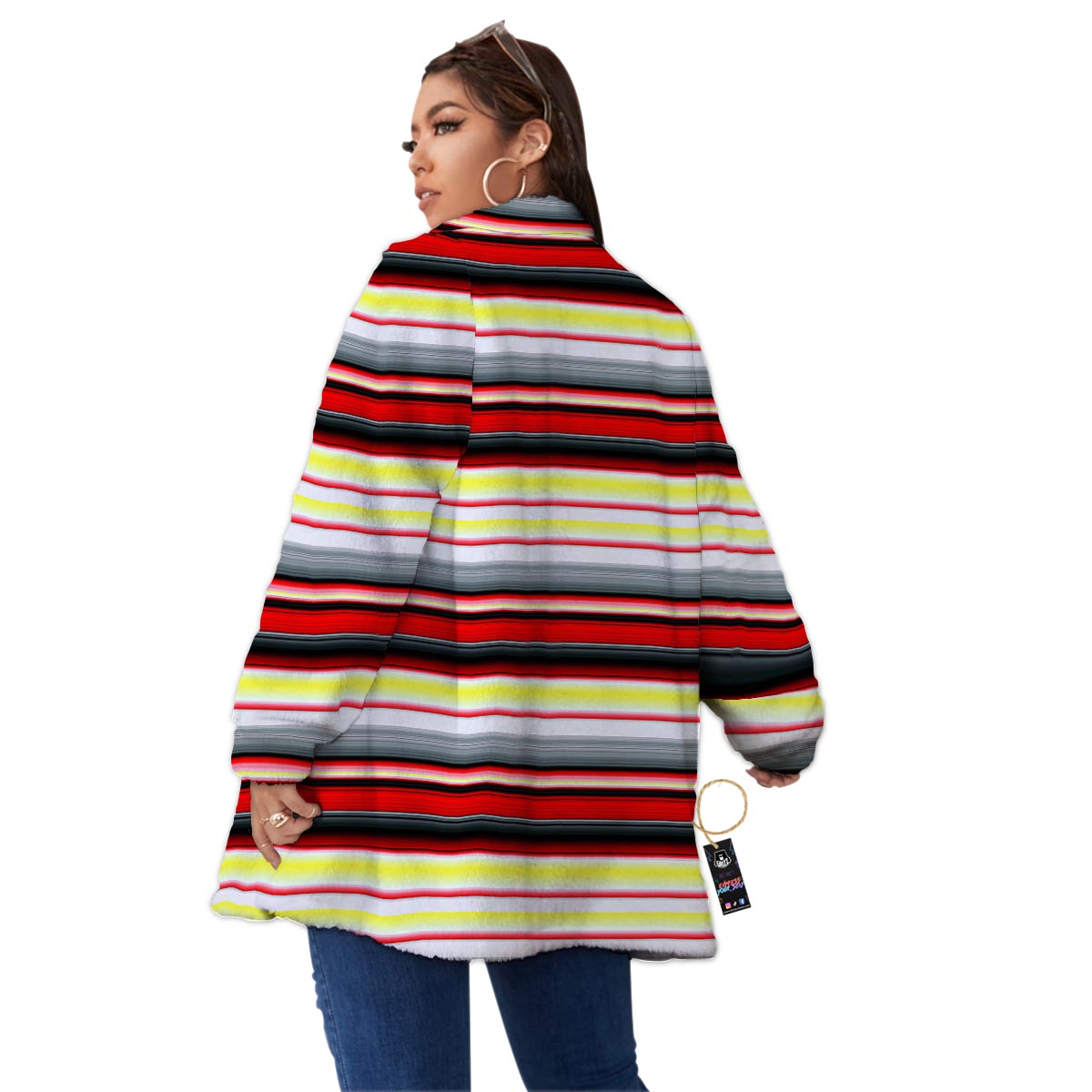 Blanket Stripe Tribal Serape Print Pattern Women's Sherpa Jacket-grizzshop