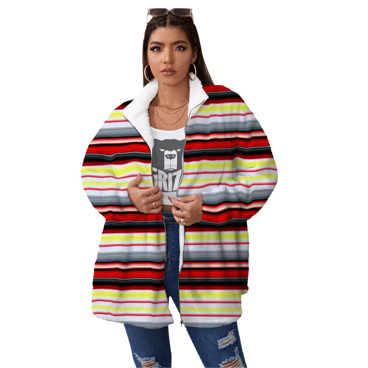 Blanket Stripe Tribal Serape Print Pattern Women's Sherpa Jacket-grizzshop