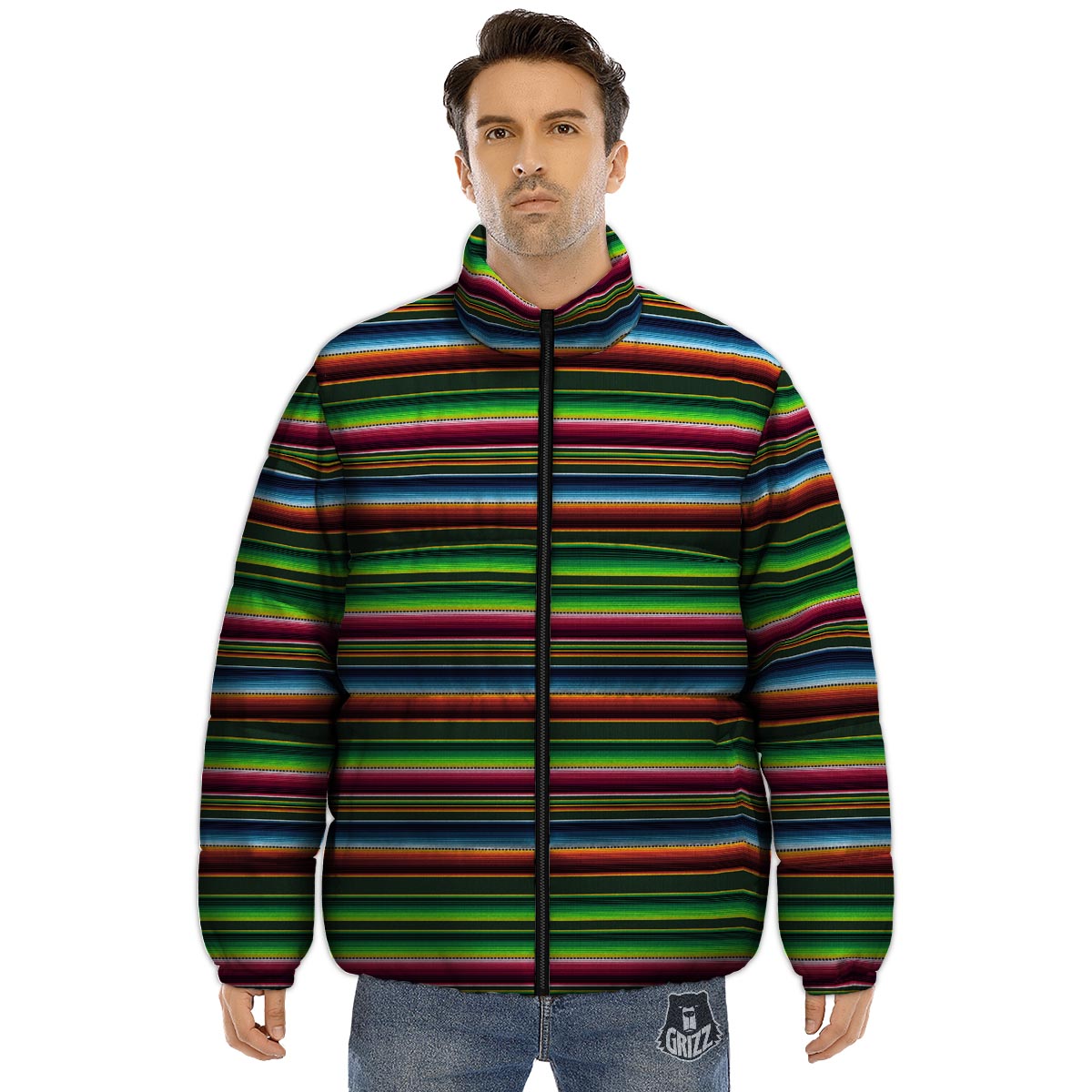 Blanket Tribal Mexican Print Pattern Puffer Jacket-grizzshop