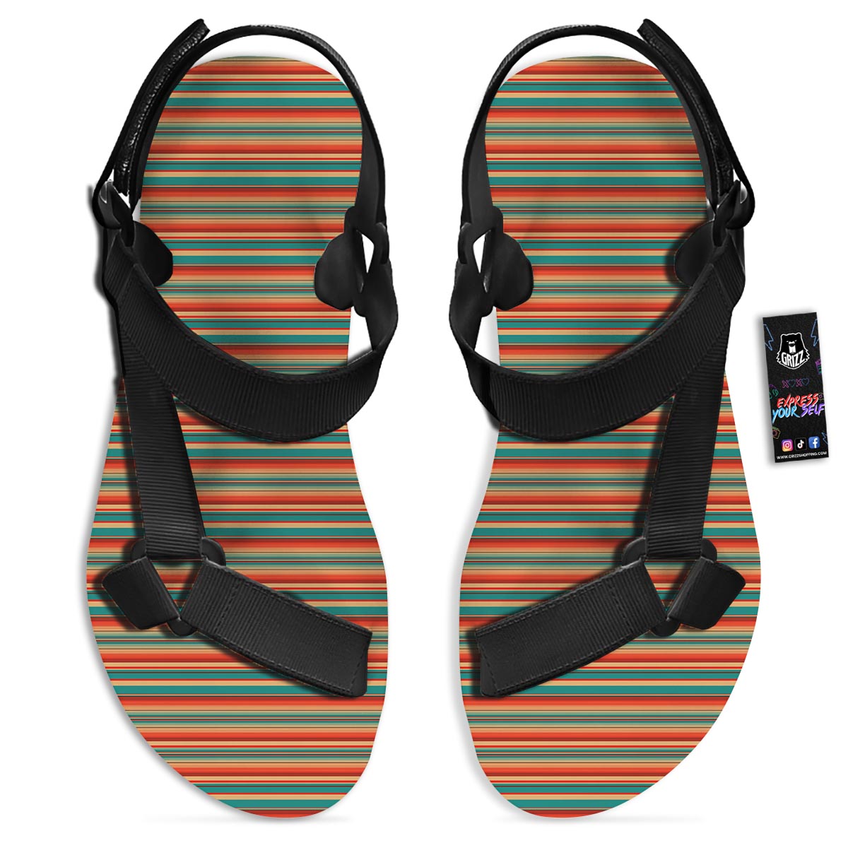 Blanket Tribal Serape Print Pattern Black Open Toe Sandals-grizzshop