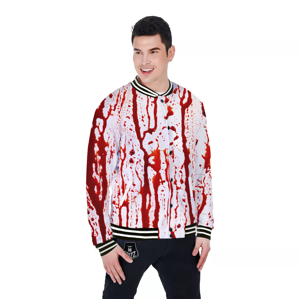 Blood Drip Print Baseball Jacket-grizzshop