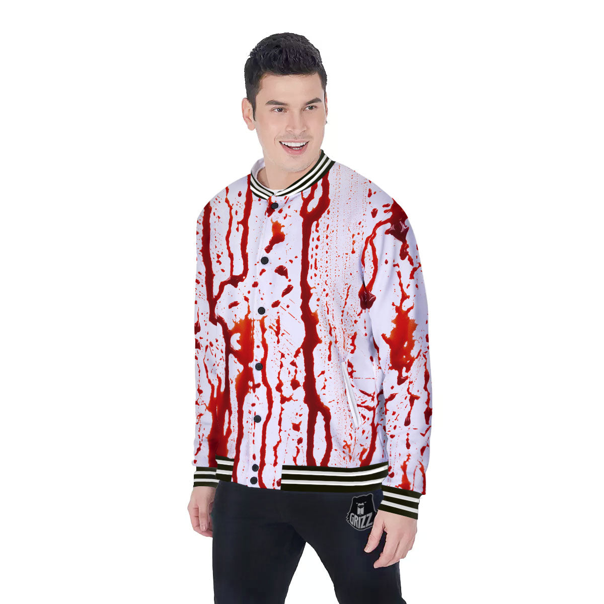 Blood Drip Print Baseball Jacket-grizzshop