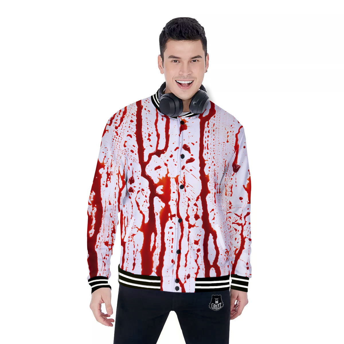 Blood Drip Print Baseball Jacket-grizzshop