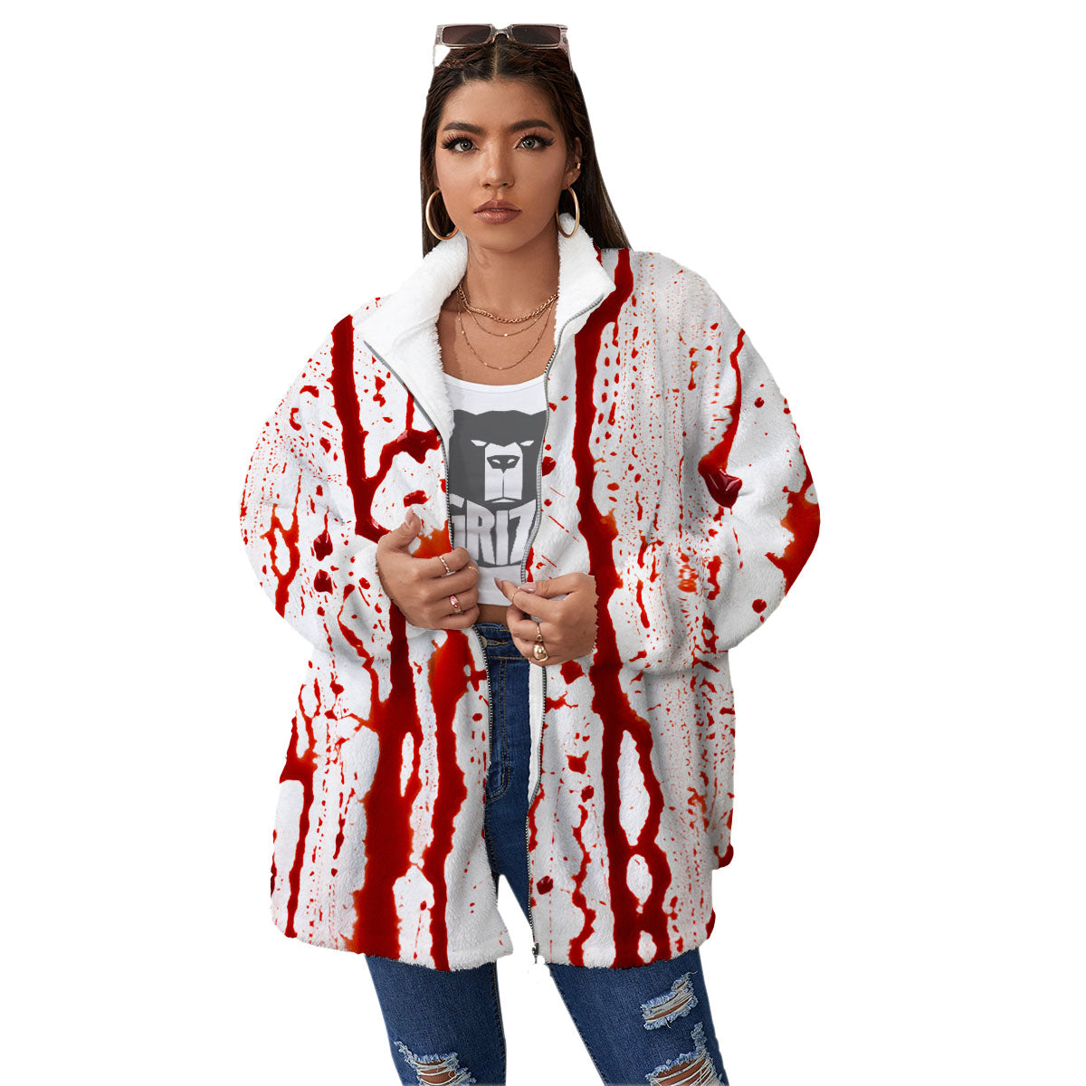 Blood Drip Print Women's Sherpa Jacket-grizzshop