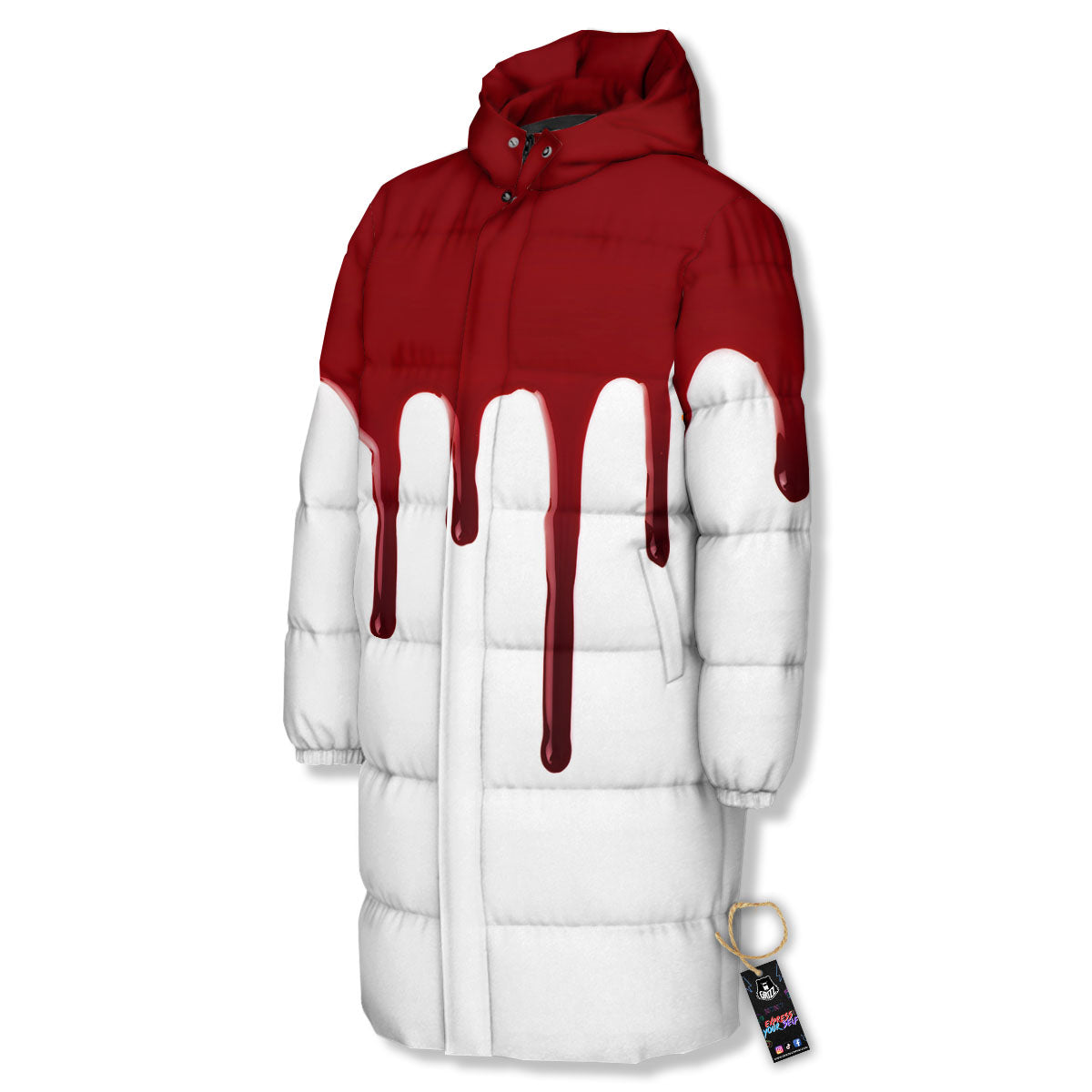 Blood Flowing Red Print Long Down Jacket-grizzshop