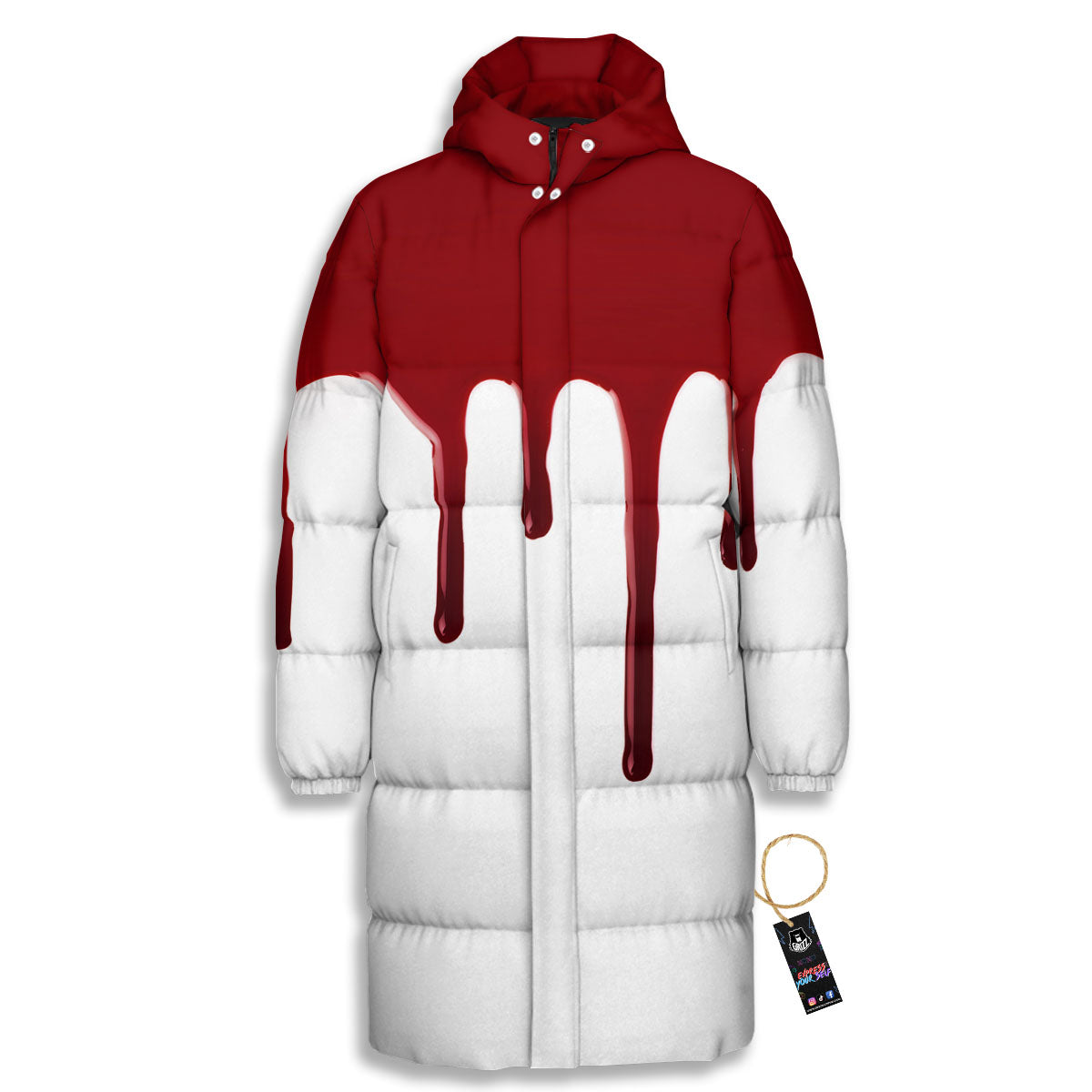 Blood Flowing Red Print Long Down Jacket-grizzshop
