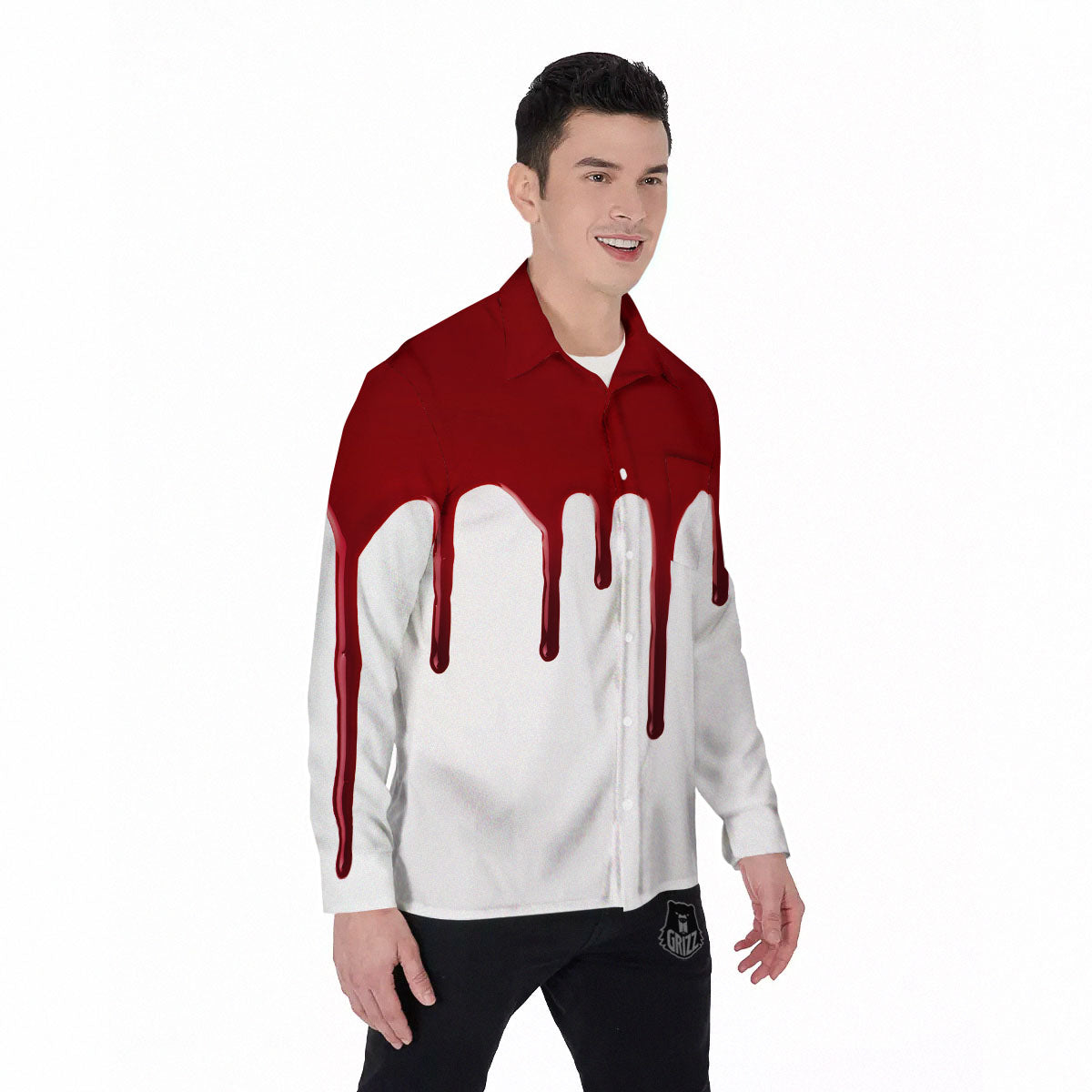 Blood Flowing Red Print Men's Long Sleeve Shirts-grizzshop