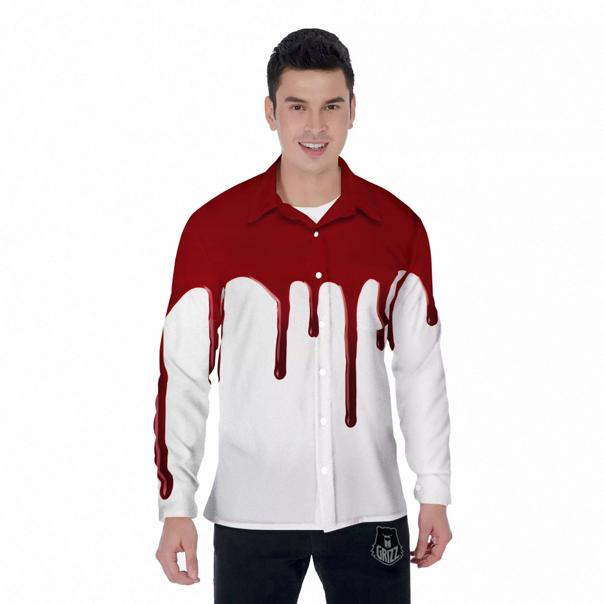 Blood Flowing Red Print Men's Long Sleeve Shirts-grizzshop