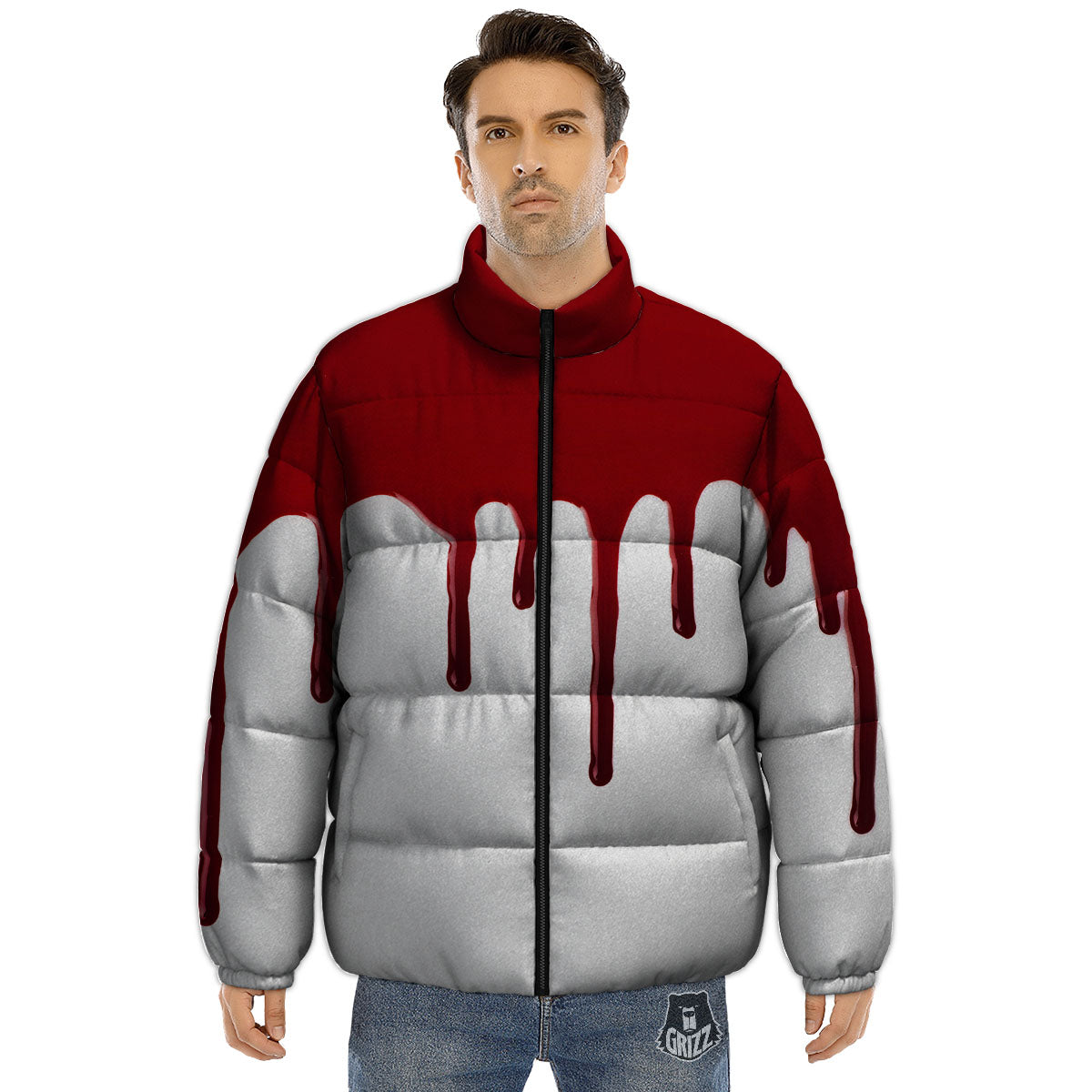 Blood Flowing Red Print Puffer Jacket-grizzshop