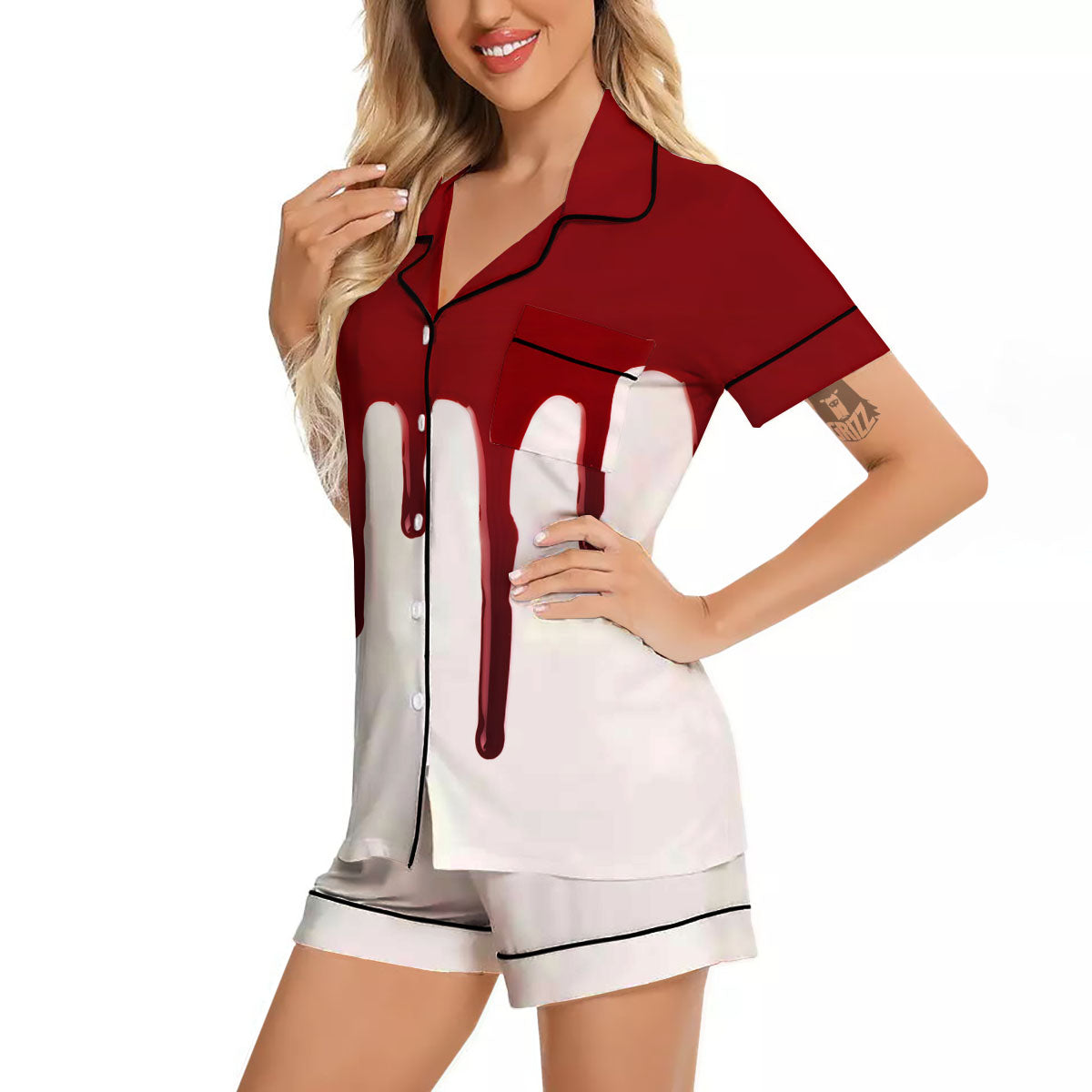 Blood Flowing Red Print Women Silk Pajamas-grizzshop