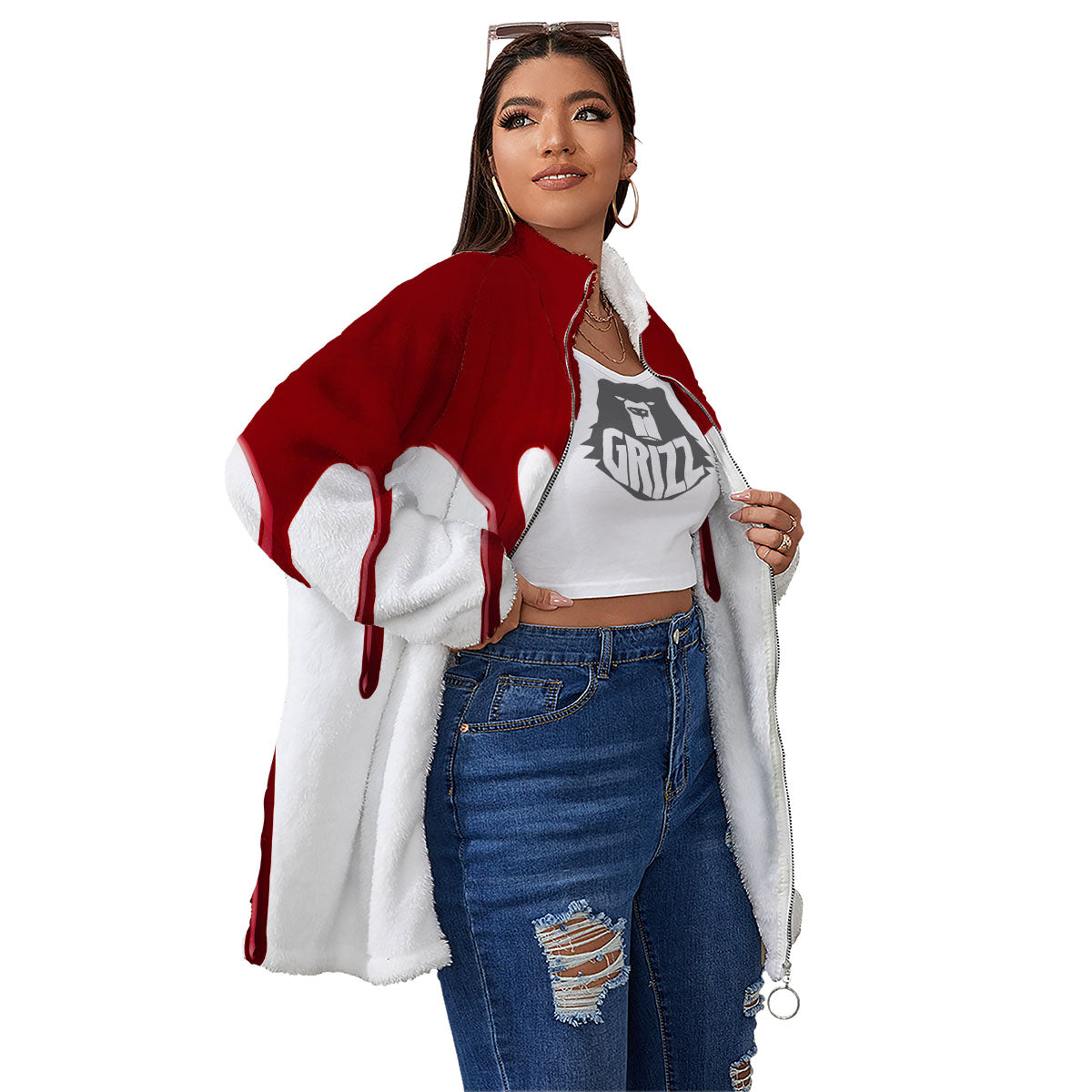Blood Flowing Red Print Women's Sherpa Jacket-grizzshop