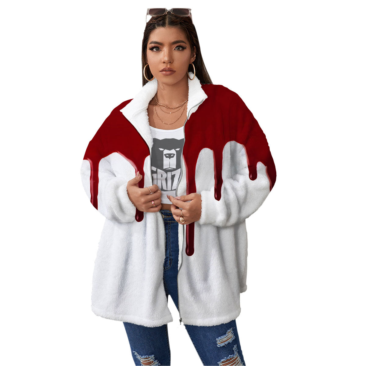 Blood Flowing Red Print Women's Sherpa Jacket-grizzshop
