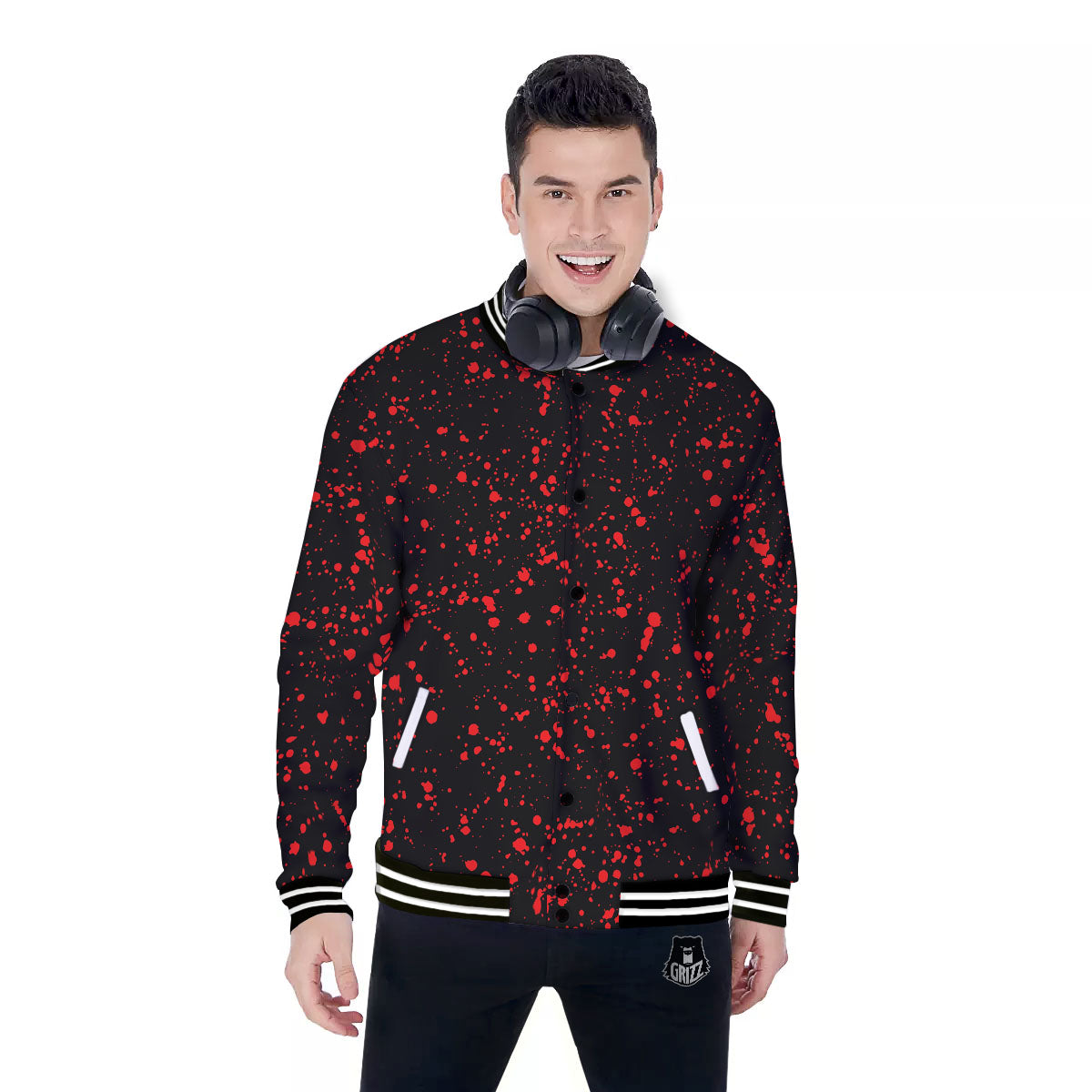 Blood Red Print Pattern Baseball Jacket-grizzshop