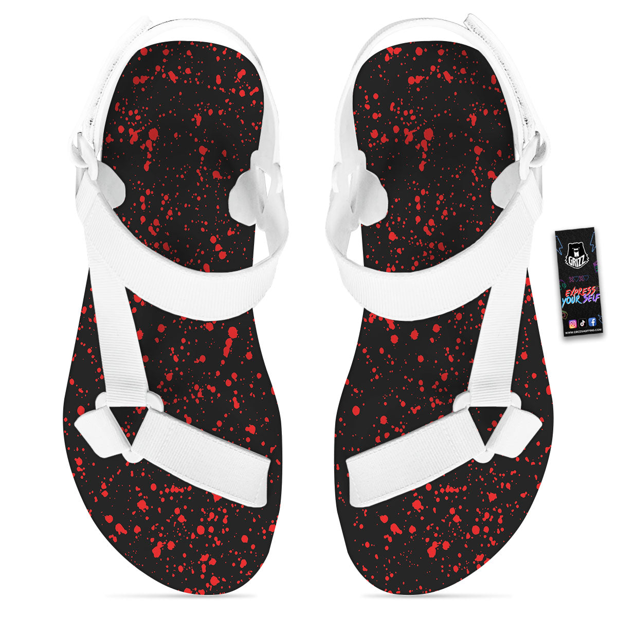 Blood Red Print Pattern White Open Toe Sandals-grizzshop