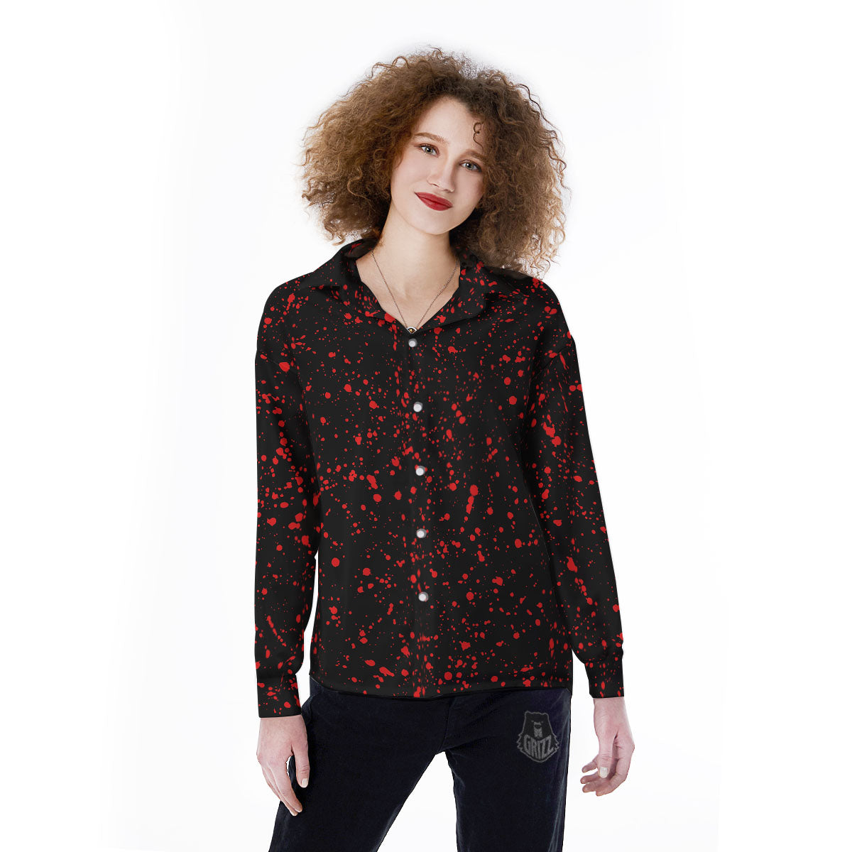 Blood Red Print Pattern Women's Long Sleeve Shirts-grizzshop