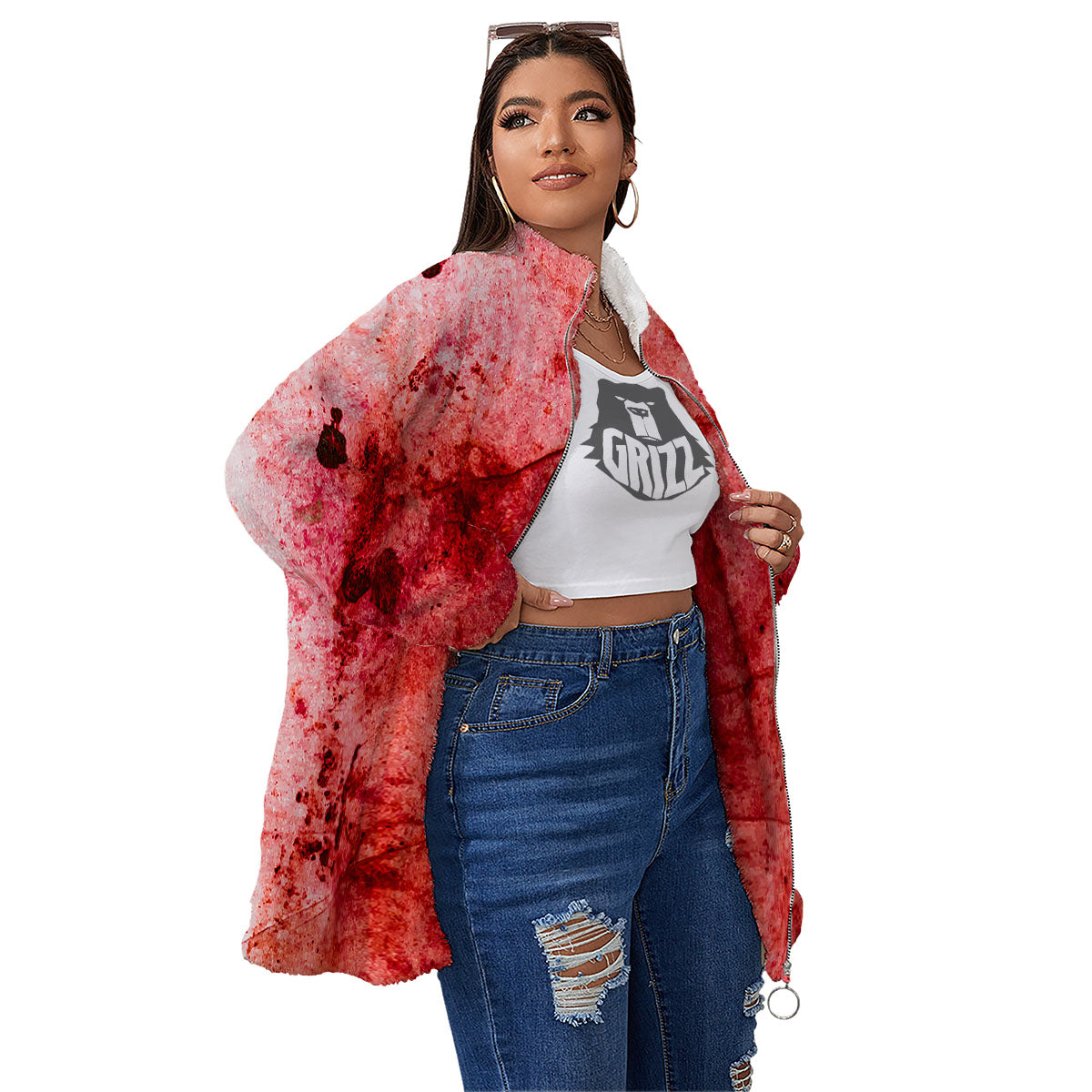 Blood Stains Red Print Women's Sherpa Jacket-grizzshop