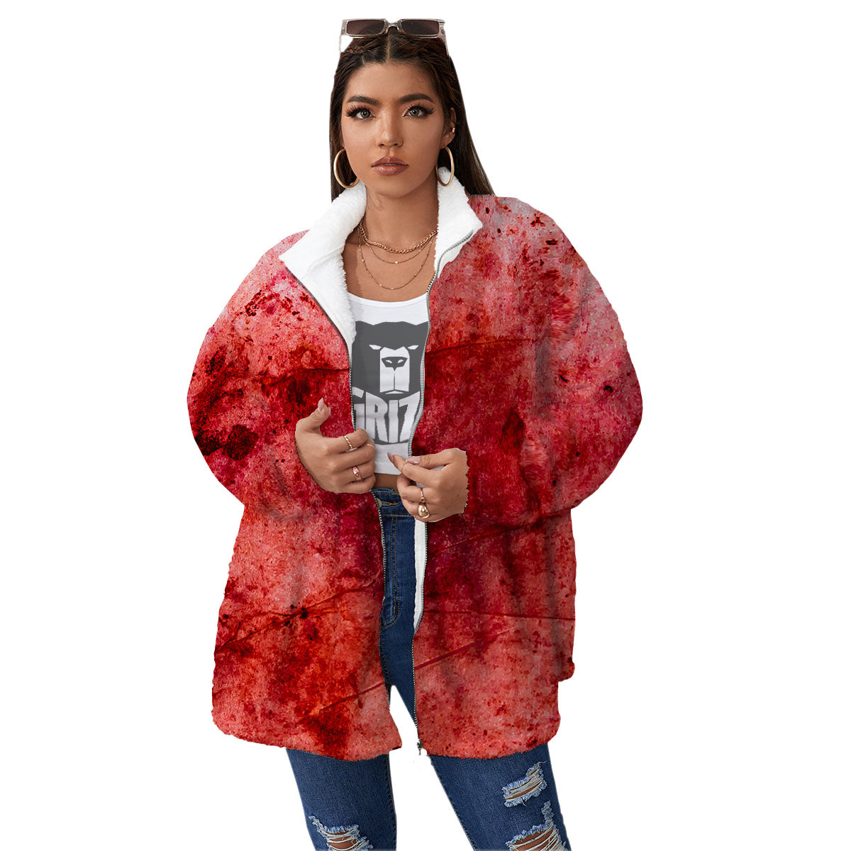 Blood Stains Red Print Women's Sherpa Jacket-grizzshop