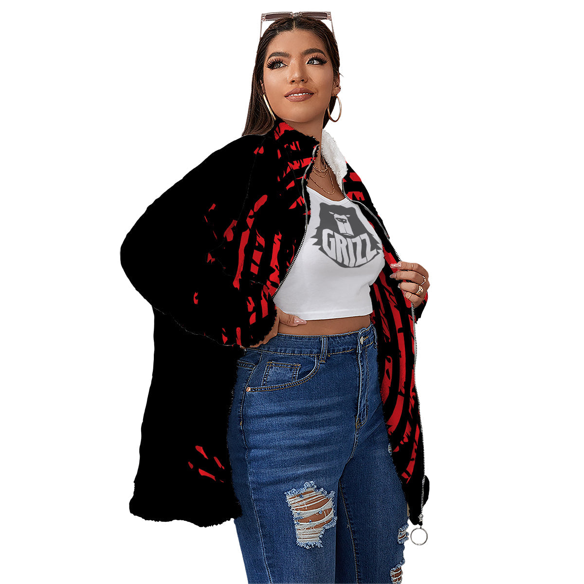 Bloody Finger Red Print Women's Sherpa Jacket-grizzshop