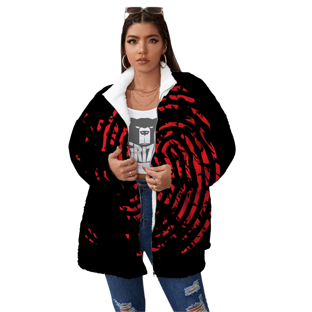 Bloody Finger Red Print Women's Sherpa Jacket-grizzshop