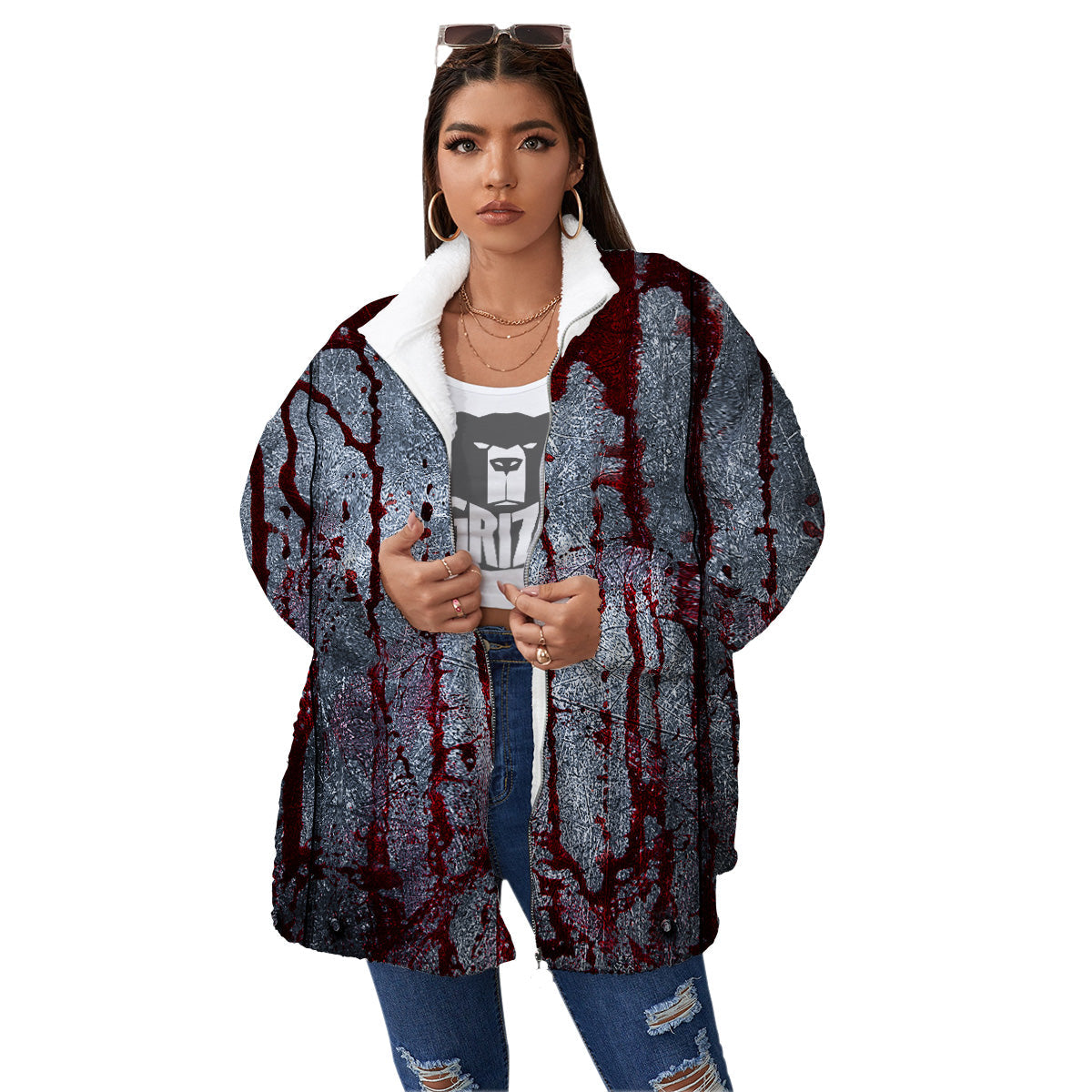 Bloody Metal Wall Print Women's Sherpa Jacket-grizzshop