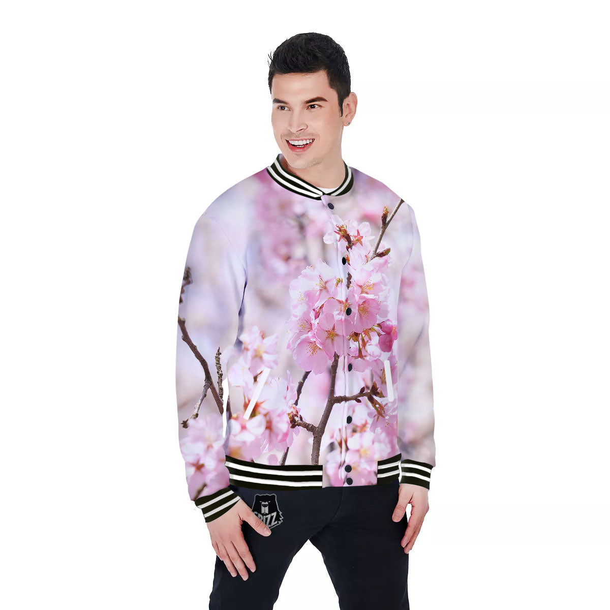 Blossom Spring Cherry Print Baseball Jacket-grizzshop