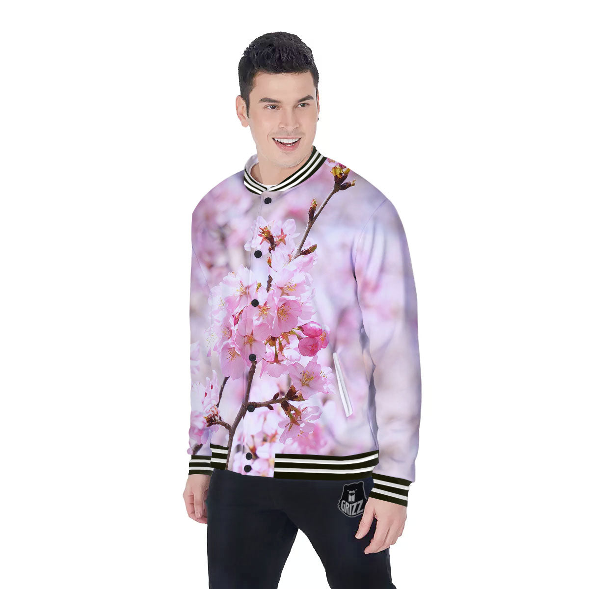 Blossom Spring Cherry Print Baseball Jacket-grizzshop