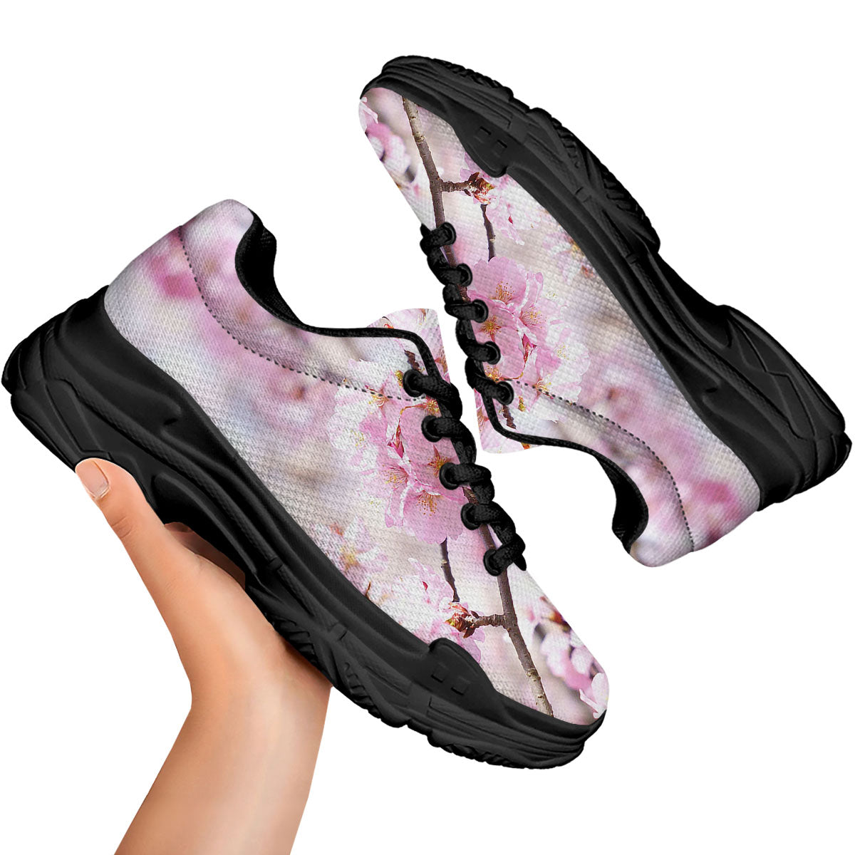 Blossom Spring Cherry Print Black Chunky Shoes-grizzshop