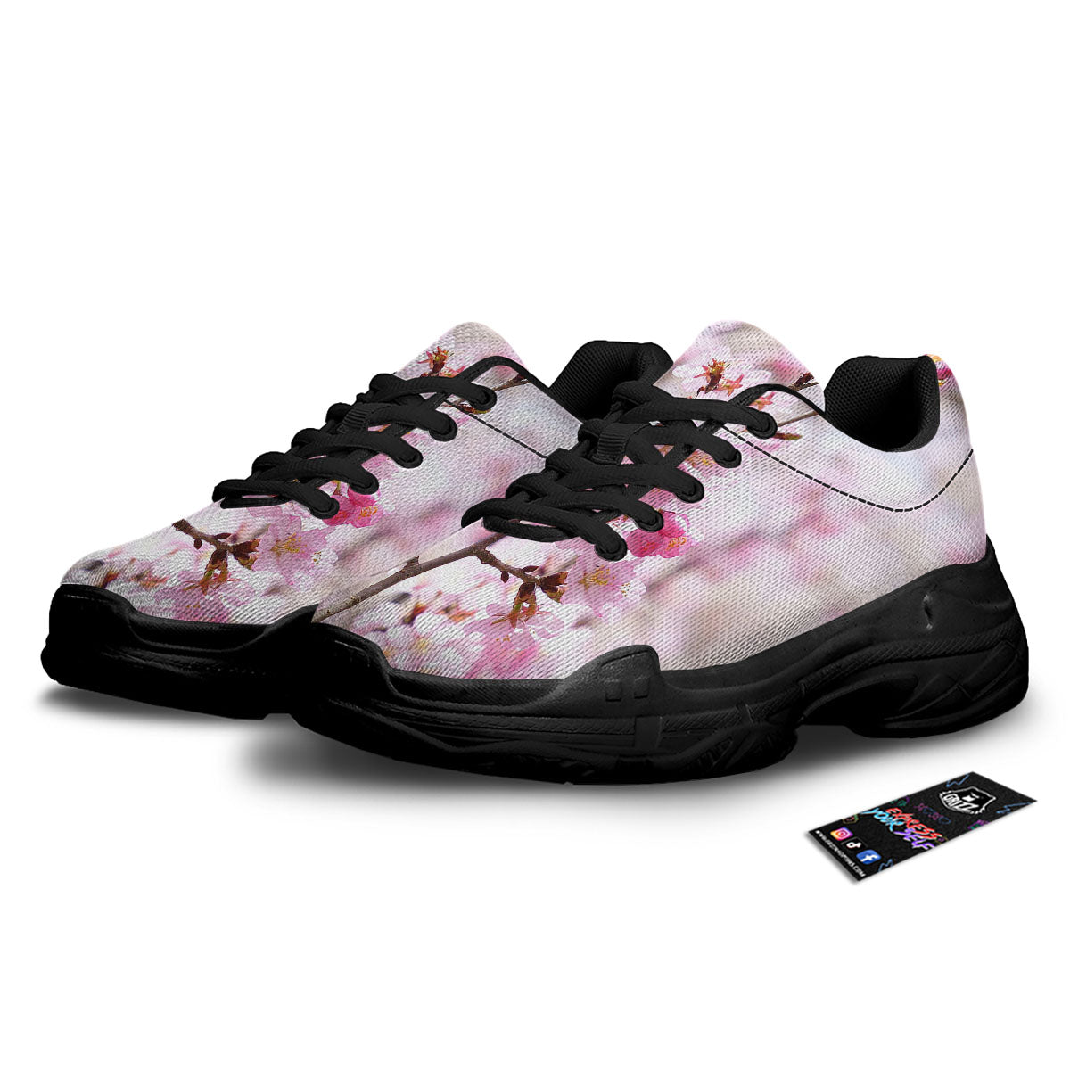 Blossom Spring Cherry Print Black Chunky Shoes-grizzshop