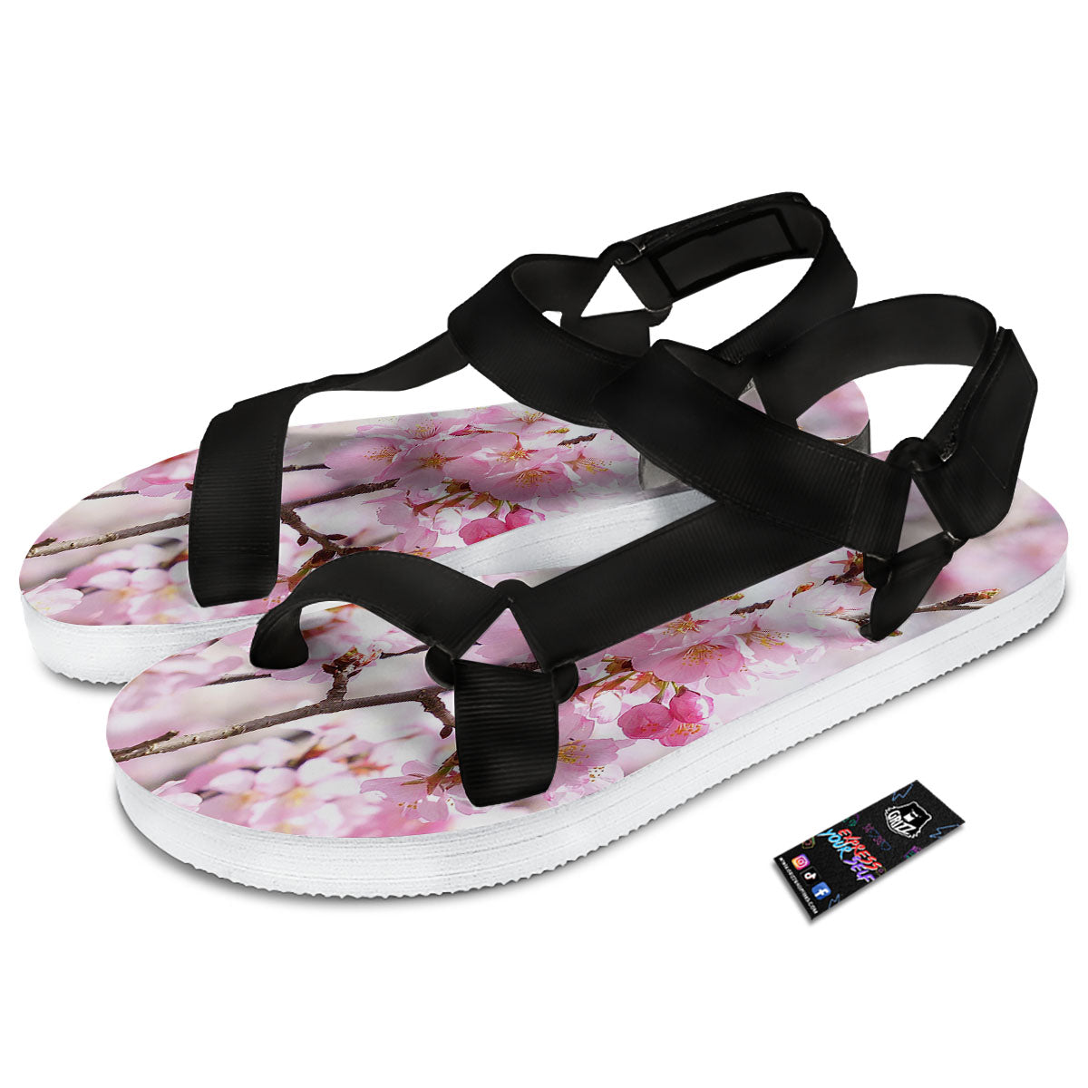 Blossom Spring Cherry Print Black Open Toe Sandals-grizzshop