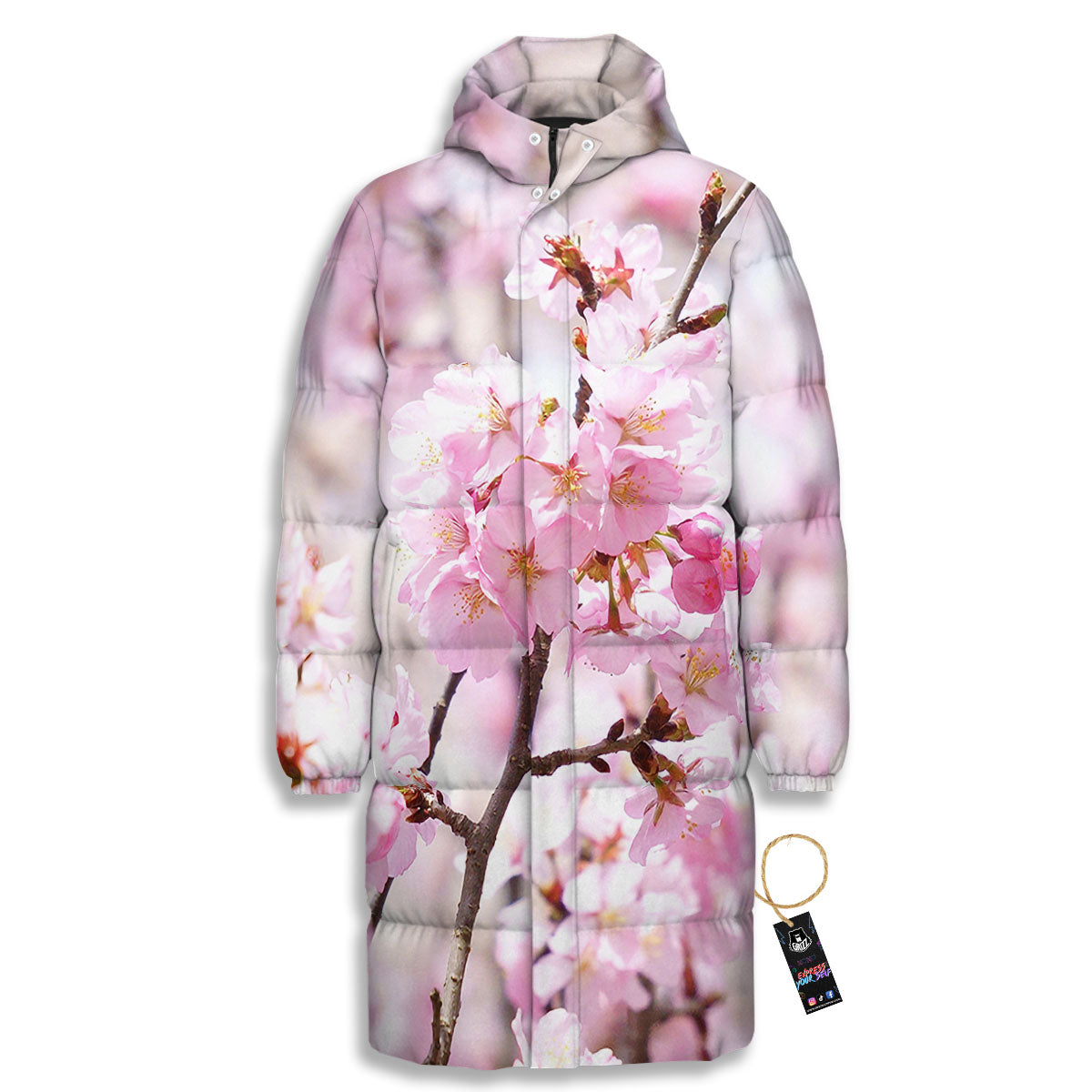 Blossom Spring Cherry Print Long Down Jacket-grizzshop