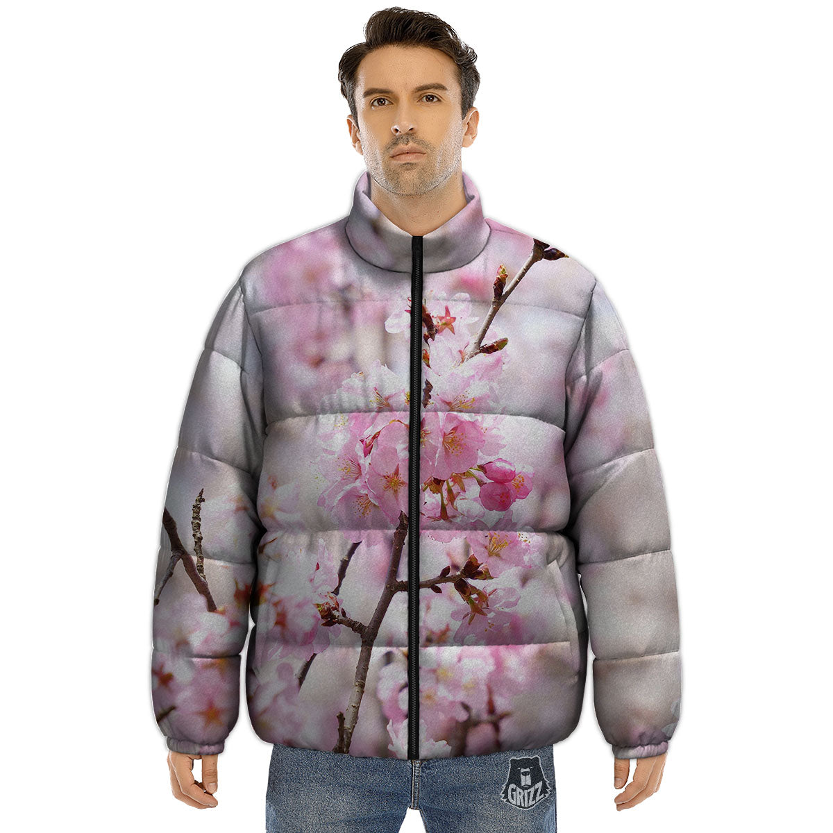 Blossom Spring Cherry Print Puffer Jacket-grizzshop