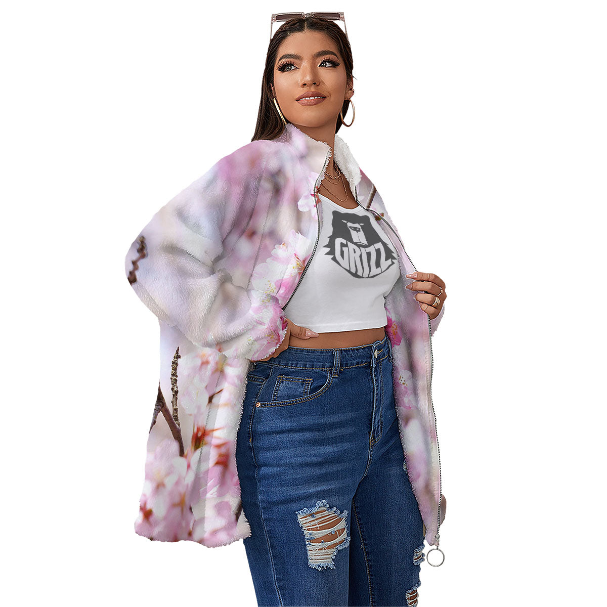 Blossom Spring Cherry Print Women's Sherpa Jacket-grizzshop