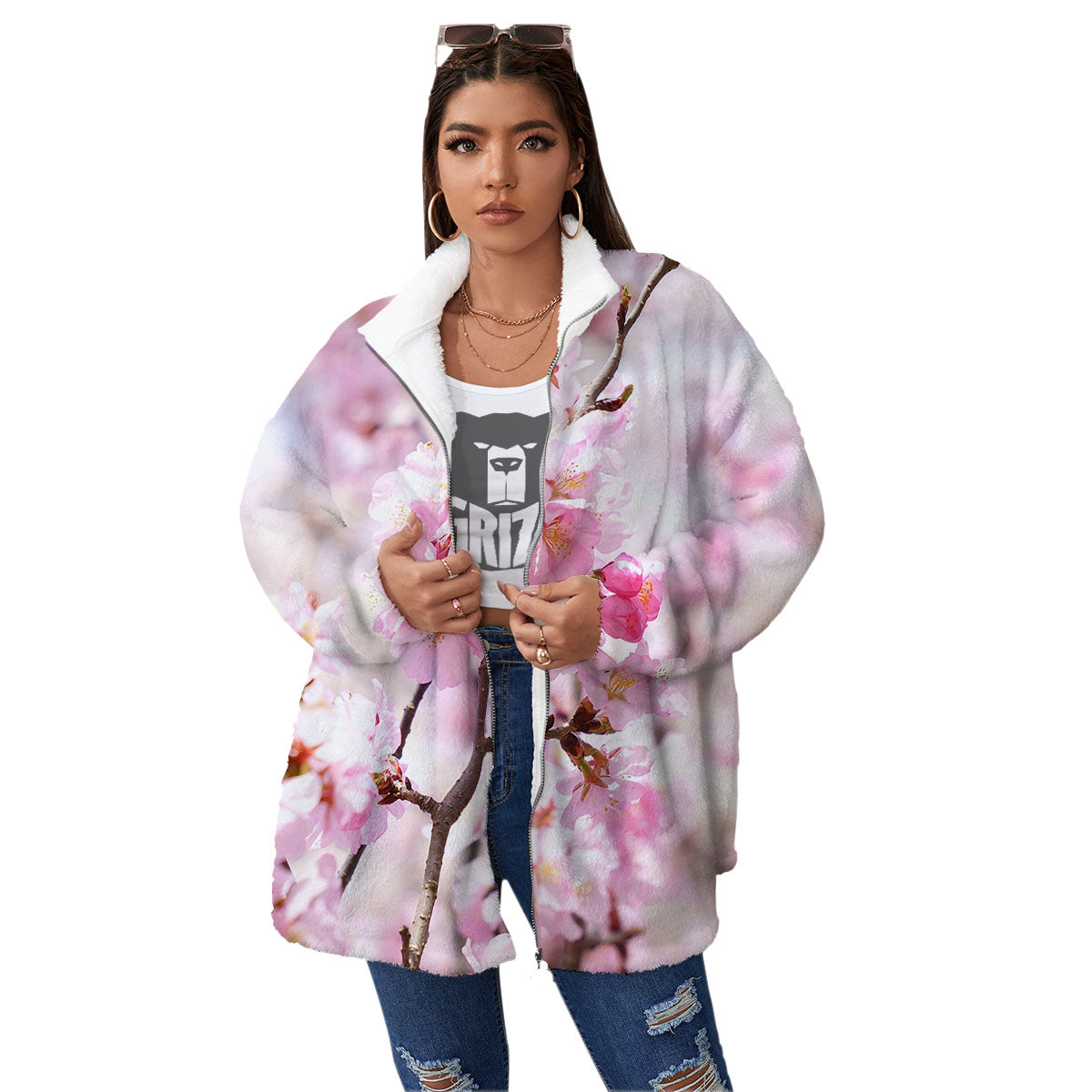 Blossom Spring Cherry Print Women's Sherpa Jacket-grizzshop