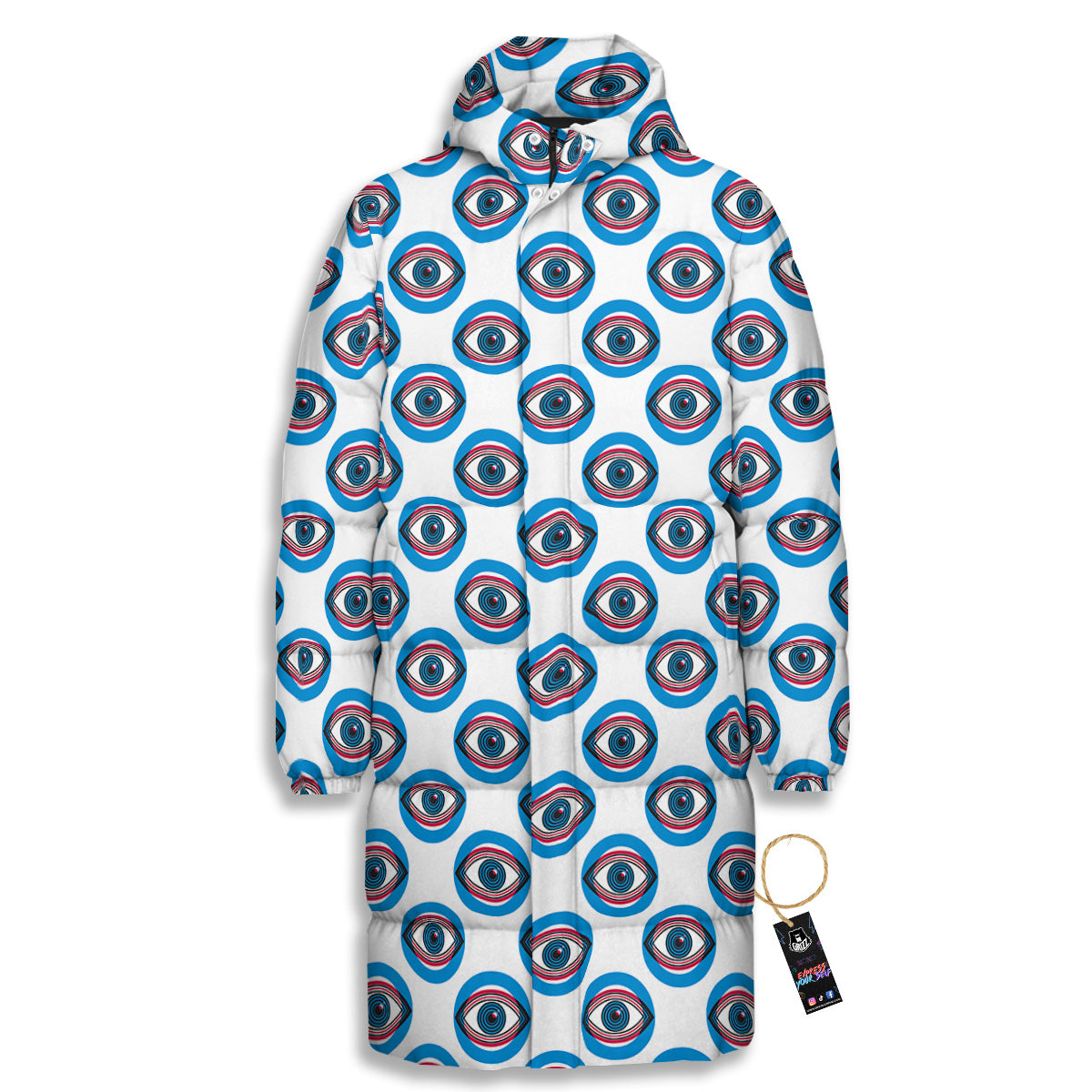 Blue Abstract Ophthalmology Print Pattern Long Down Jacket-grizzshop