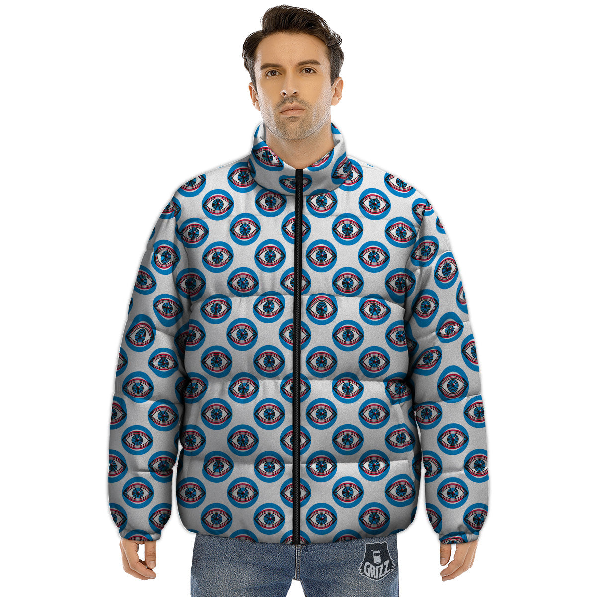 Blue Abstract Ophthalmology Print Pattern Puffer Jacket-grizzshop