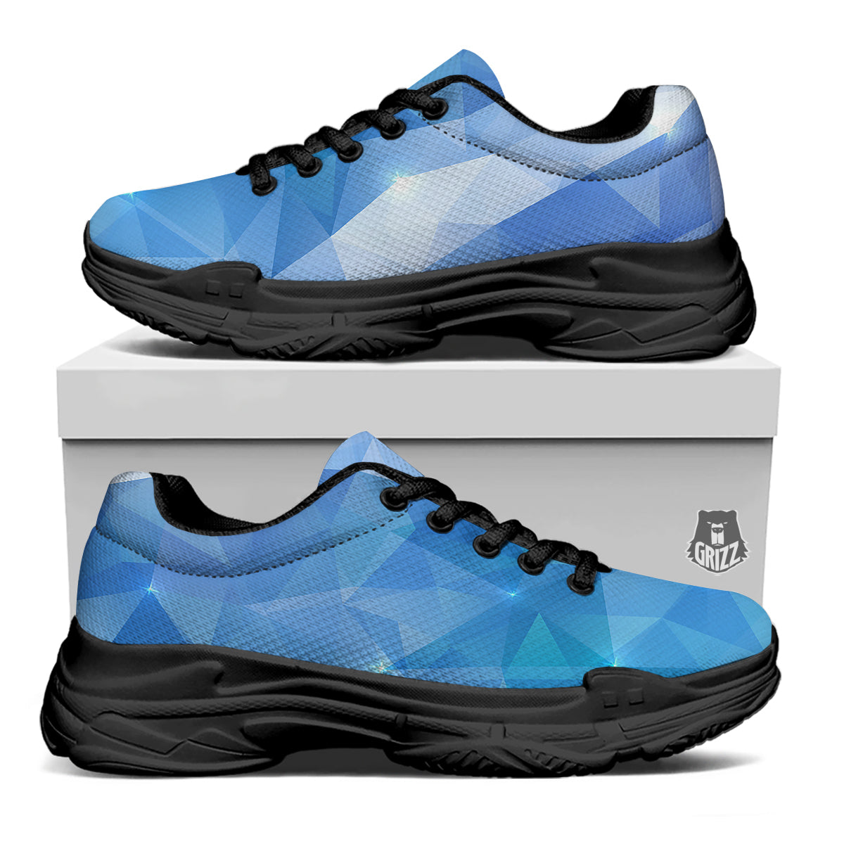 Blue Abstract Shining Ice Print Black Chunky Shoes-grizzshop