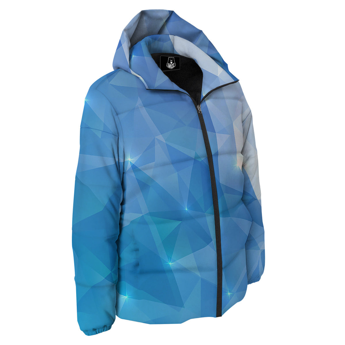 Blue Abstract Shining Ice Print Down Jacket-grizzshop