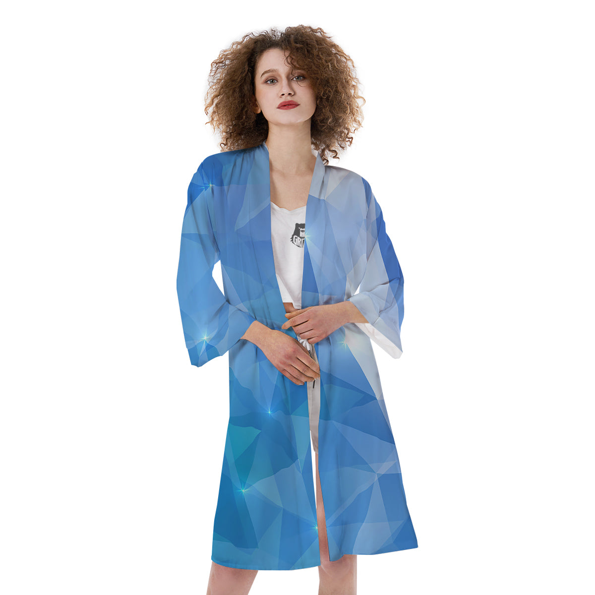 Blue Abstract Shining Ice Print Kimono-grizzshop