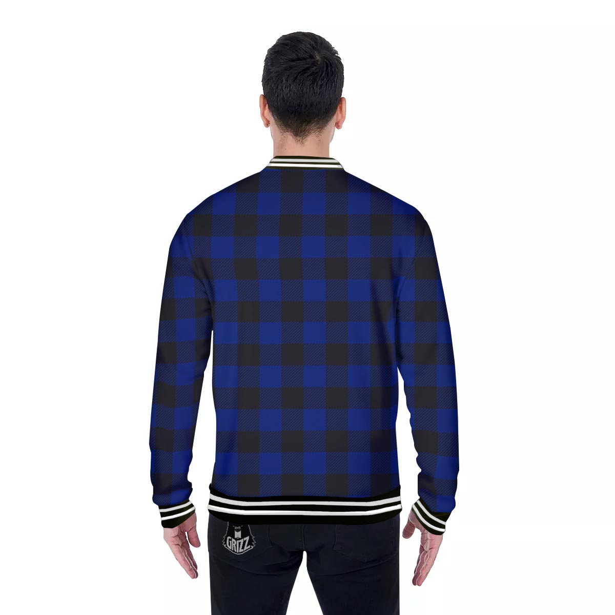 Blue And Black Steel Buffalo Check Print Pattern Baseball Jacket-grizzshop
