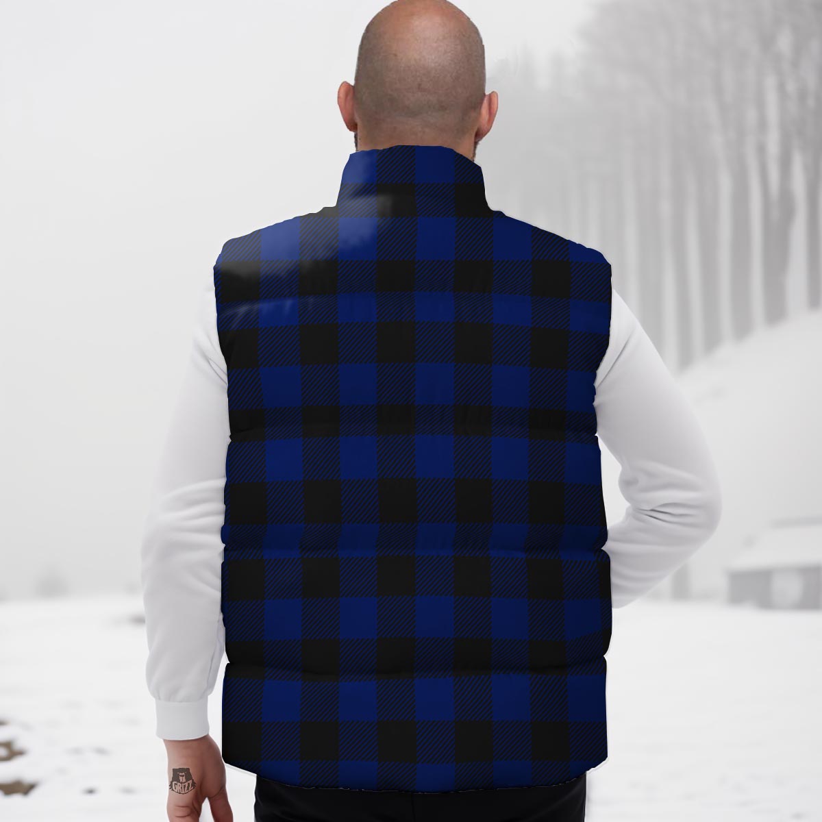 Blue And Black Steel Buffalo Check Print Pattern Down Vest