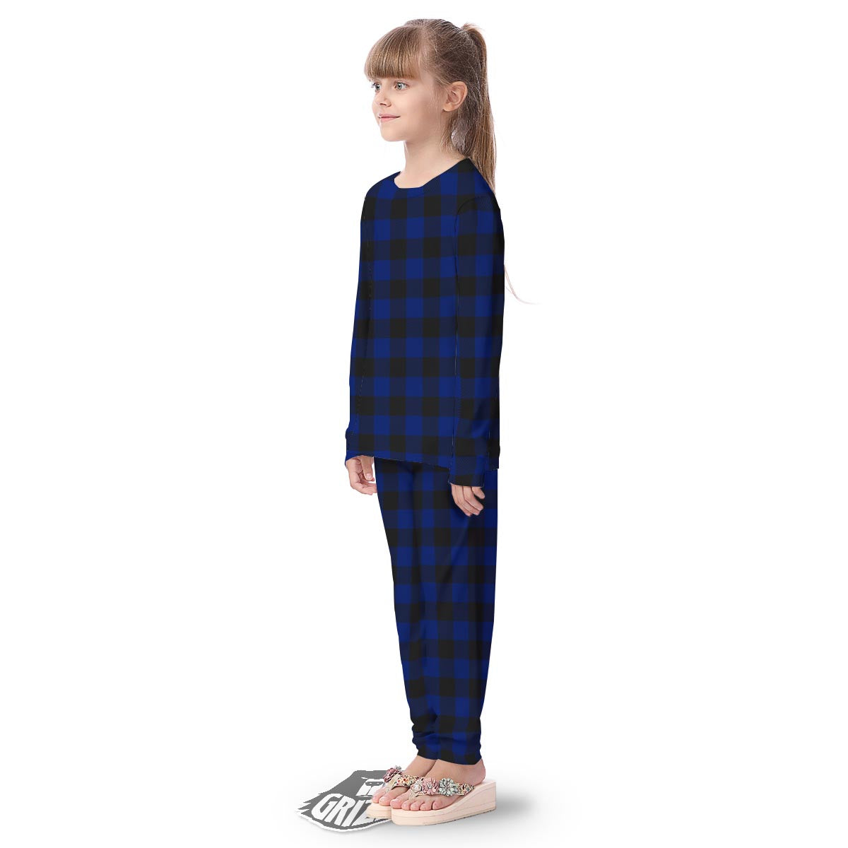 Blue And Black Steel Buffalo Check Print Pattern Kid's Pajamas-grizzshop