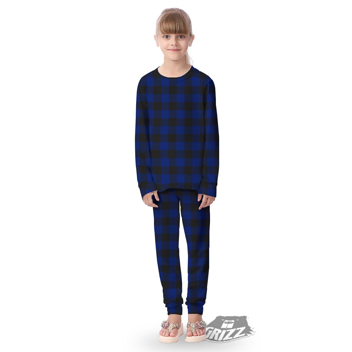 Blue And Black Steel Buffalo Check Print Pattern Kid's Pajamas-grizzshop