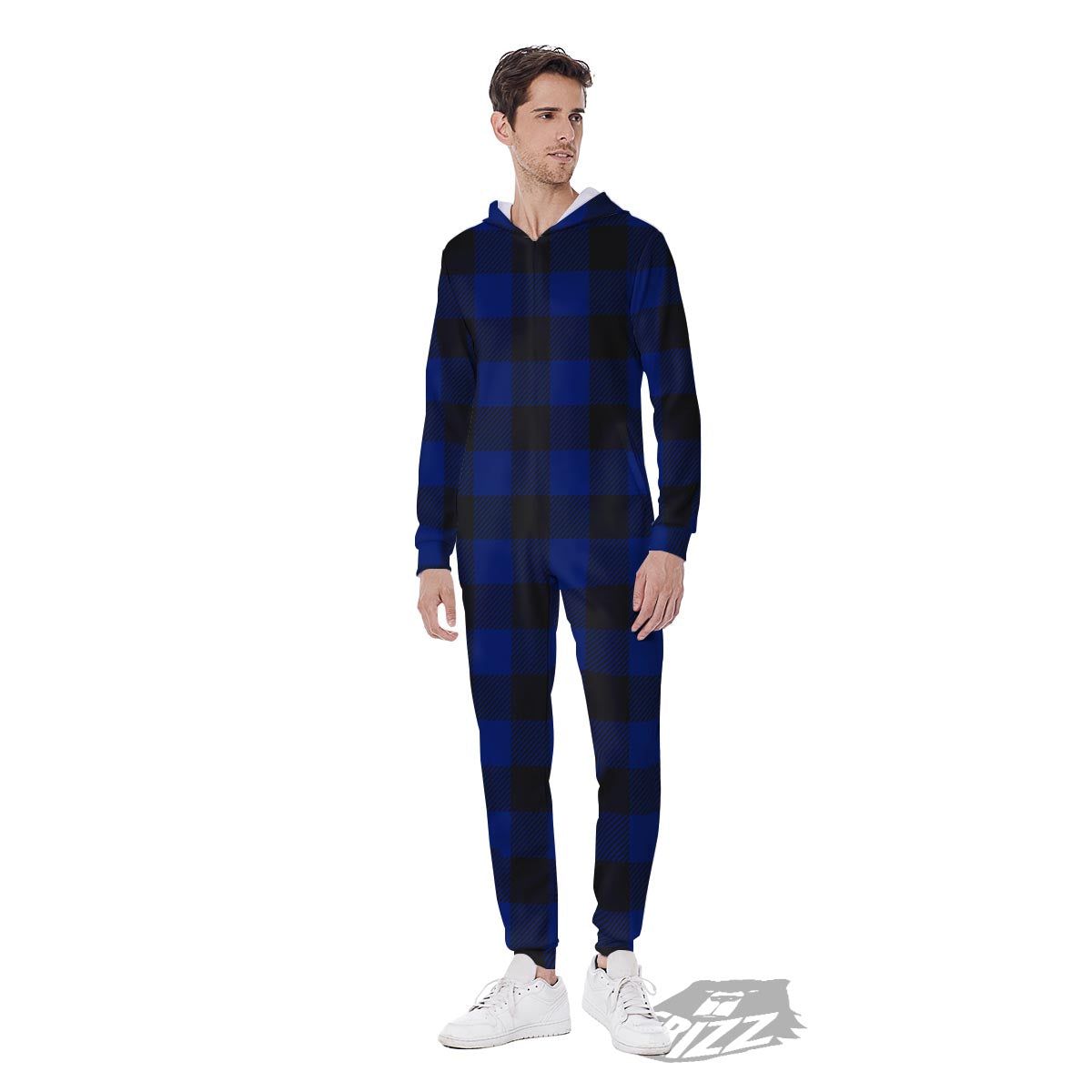 Blue And Black Steel Buffalo Check Print Pattern Men's Jumpsuit-grizzshop