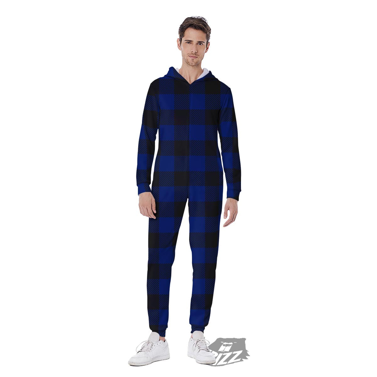Blue And Black Steel Buffalo Check Print Pattern Men's Jumpsuit-grizzshop