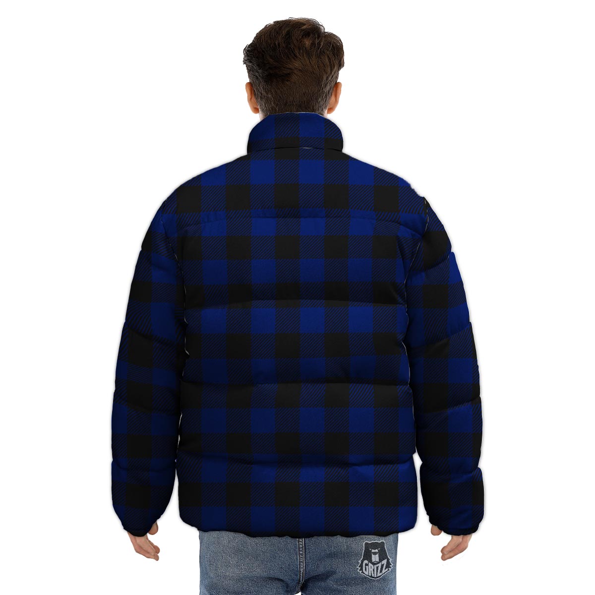 Blue And Black Steel Buffalo Check Print Pattern Puffer Jacket-grizzshop