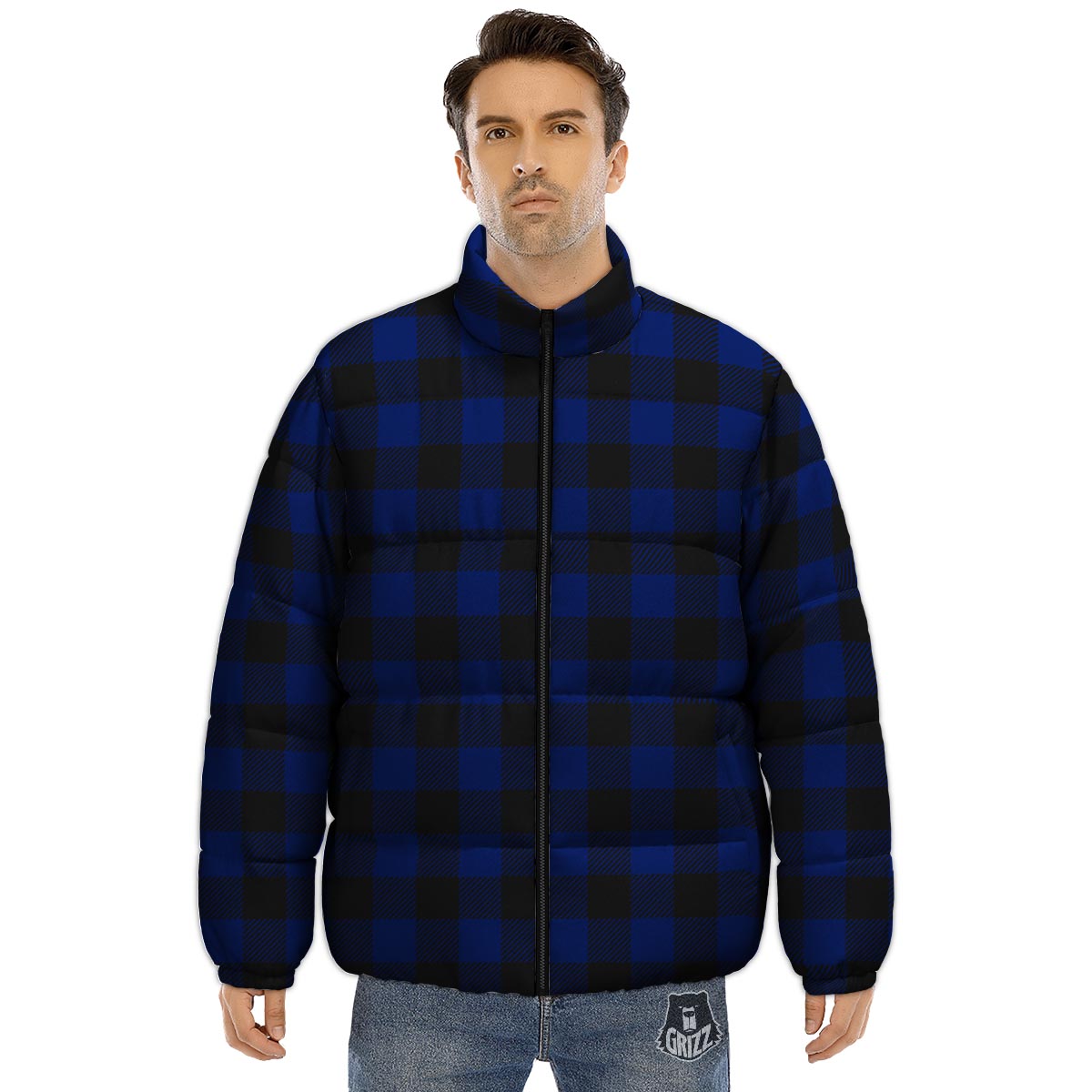 Blue And Black Steel Buffalo Check Print Pattern Puffer Jacket-grizzshop